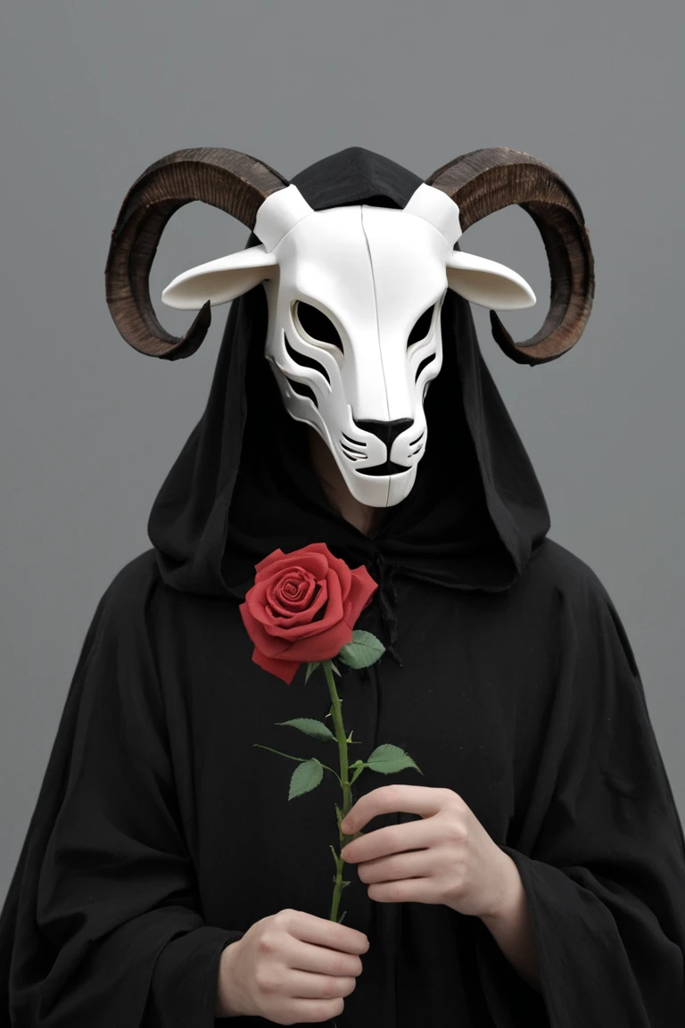 a creature in a black cloak in a goat mask with horns holds withered roses, a gloomy background in gray tones