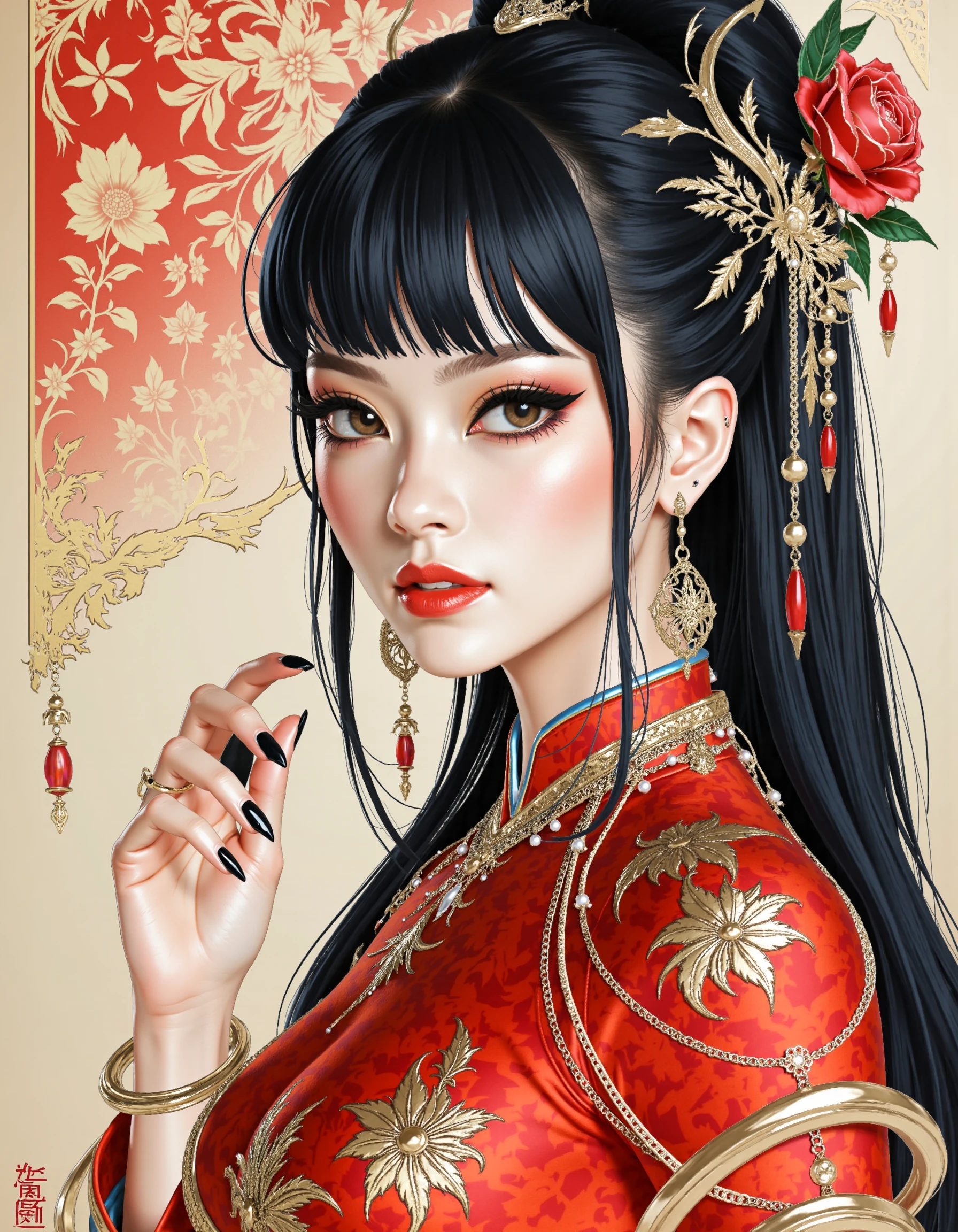 masterpiece, ink wash painting, retro aesthetic,vibrant, colorful palette, highly detailed, surreal vibrant colours, oriental beautiful, stunning chinese woman (22 years old), dark eyeshadow, red lips, long dark hair with bangs, earrings, necklaces, hair ornaments, black nail varnish, wearing qipao pelvic curtain, chinese dress, LOAwdl34pXL, qipao <lora:FluxDFaeTasticDetails:0.7> <lora:Commanding_Leap:0.8>