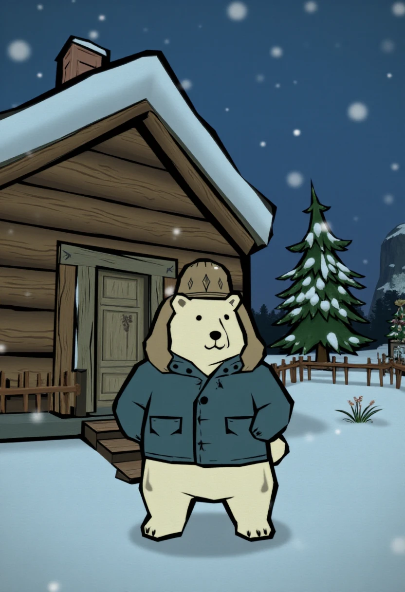 okamistyle, a polar bear wearing a parka and toque outside of a log cabin on a snowy evening.  