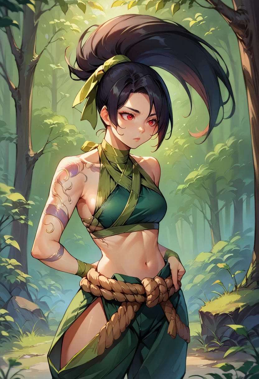 score_9, score_8_up, source_anime, 1girl, solo, AkaliDefault, red eyes, black hair, long hair, high ponytail, tattoo, green ribbon, hair ribbon, green crop top, halterneck, green gloves, bridal gauntlets, rope belt, green pants, hip vent, outdoors, forest, night, <lora:ChamAkaliPonyXL:1>