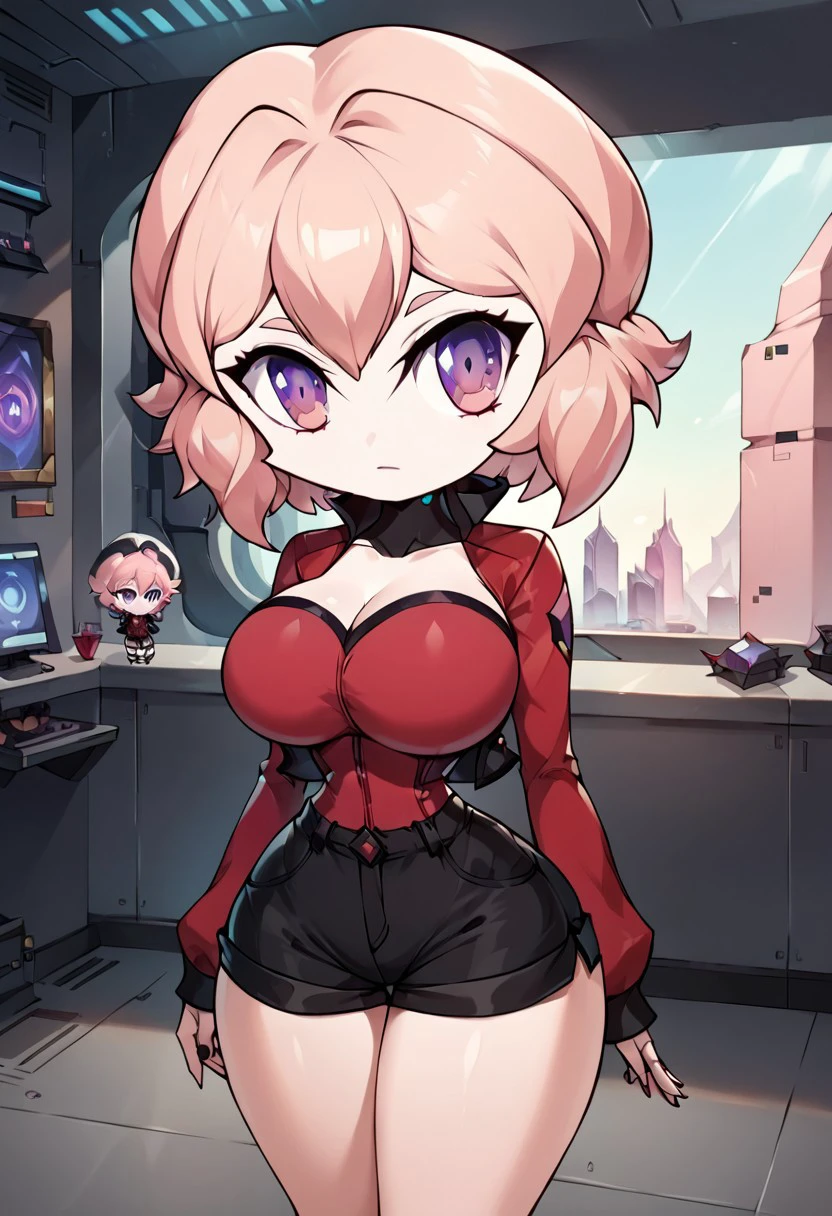 score_9, score_8_up, score_7_up, masterpiece, best quality, spaceship, Room, (very beautiful eyes, big thighs, thin waist, big breasts), 1girl, SAM, Pink hair, purple eyes, short hair, Jacket, shorts, chibi