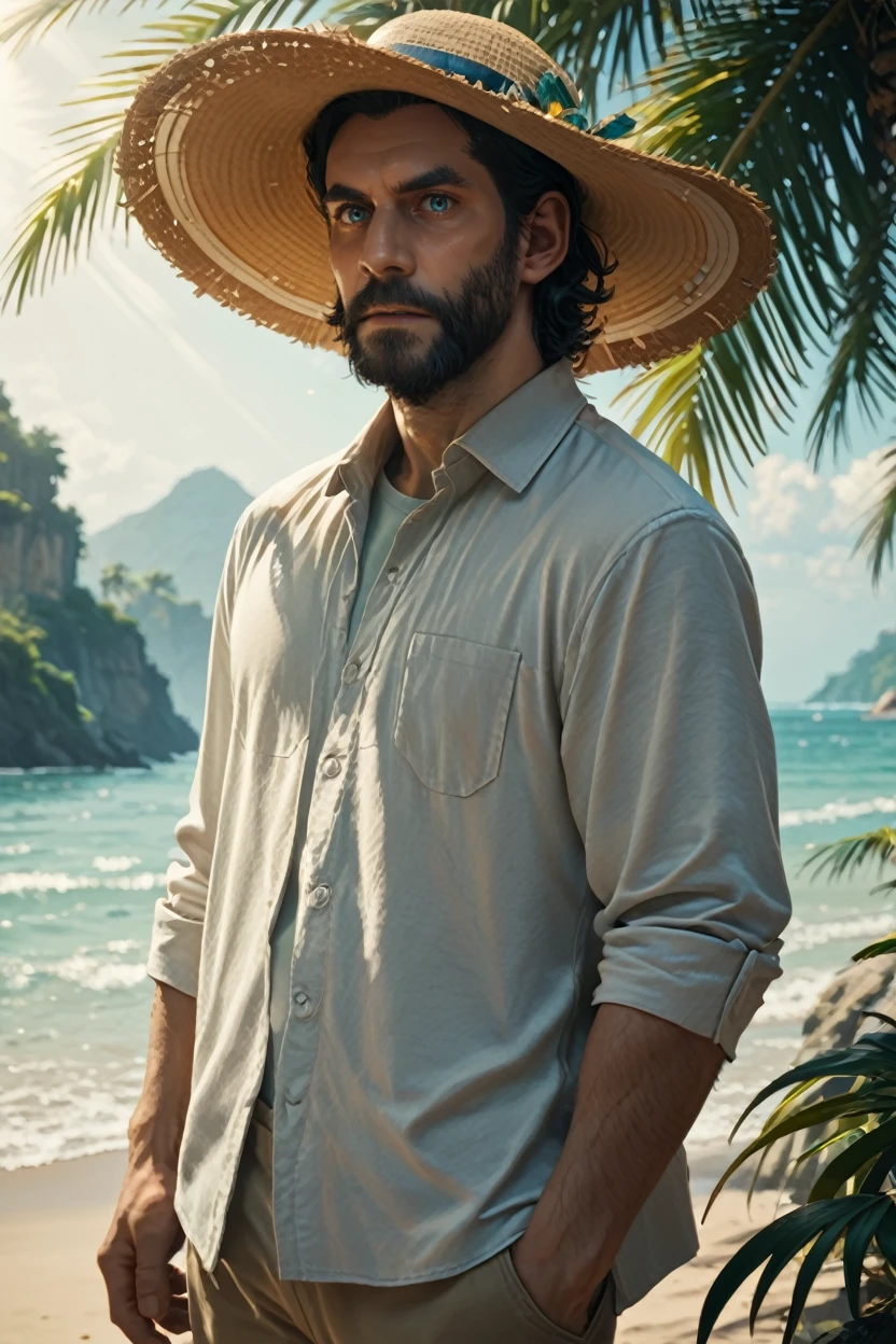 score_9, score_8_up, score_7_up, score_6_up
<lora:AWAlan:1.0>
AWAlan, 1boy, black hair, beard, blue eyes, looking at viewer, full-body portrait, male model wearing a beach hat, standing under a palm tree, turquoise water in the background, serene expression, sun rays filtering through leaves