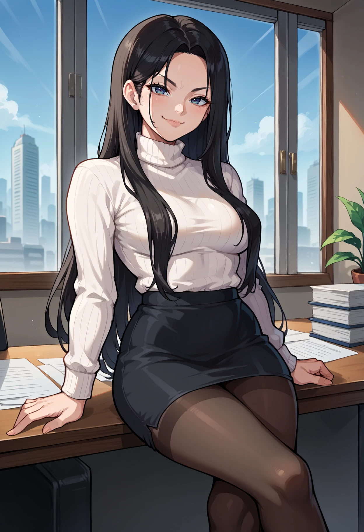 score_9, score_8_up,score_7_up, source_anime, 1girl, <lora:kmbr_pdxl_EliPot:1> kamibura, hair censor, hair over breasts,
1girl, black hair, long hair, office lady, black pantyhose looking at viewer, smug, toned, sitting, crossed legs, sitting on table, indoors, office, window, cityscape, white turtleneck, sweater,