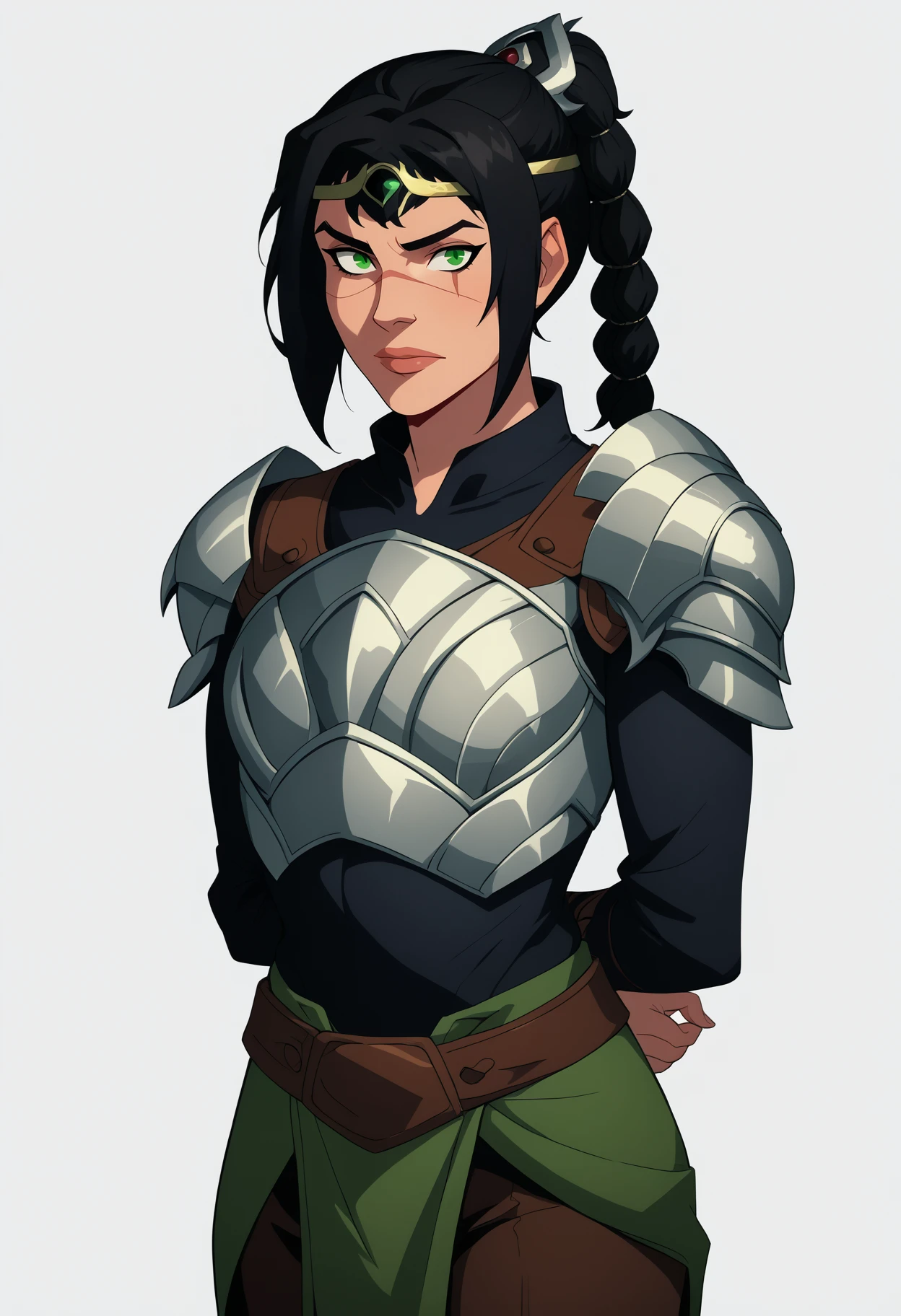 score_9, score_8_up, score_7_up, BREAK,
1girl, solo, shadowheart, black hair, braided ponytail, no pupils, green eyes, scar on face, circlet, looking at viewer, armor, pants,
arms behind back, standing, looking at viewer, white background <lora:ShadowHeartXL:0.8>   <lora:PhilBourrassaXLLocon:1>