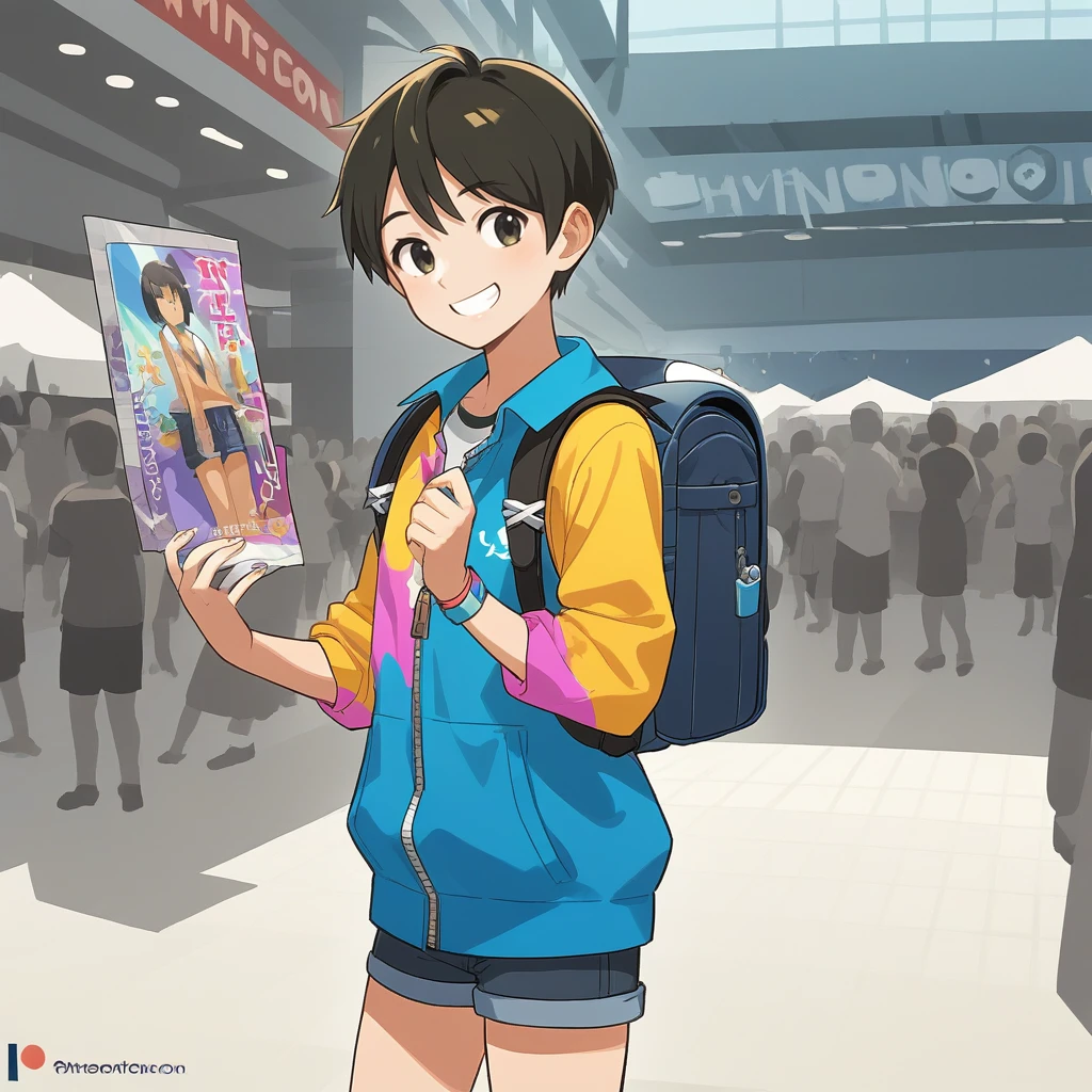 score_9, score_8_up, score_7_up, score_6_up, score_5_up, score_4_up, zPDXL2,source_anime,rating_questionable,cowboy shot,1girl, backpack, pins, colorful clothes, smile,  <lora:Comic_Convention:0.8> c0.8miccon, comic convention, crowd,outdoors,