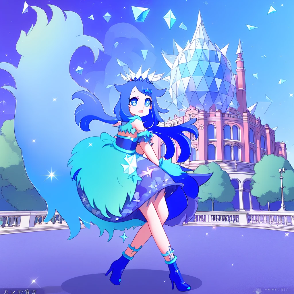 1girl, Liko, long hair, blue hair, hair clip, medium breasts, blue dress, blue high heels, standing,  crystal palace background