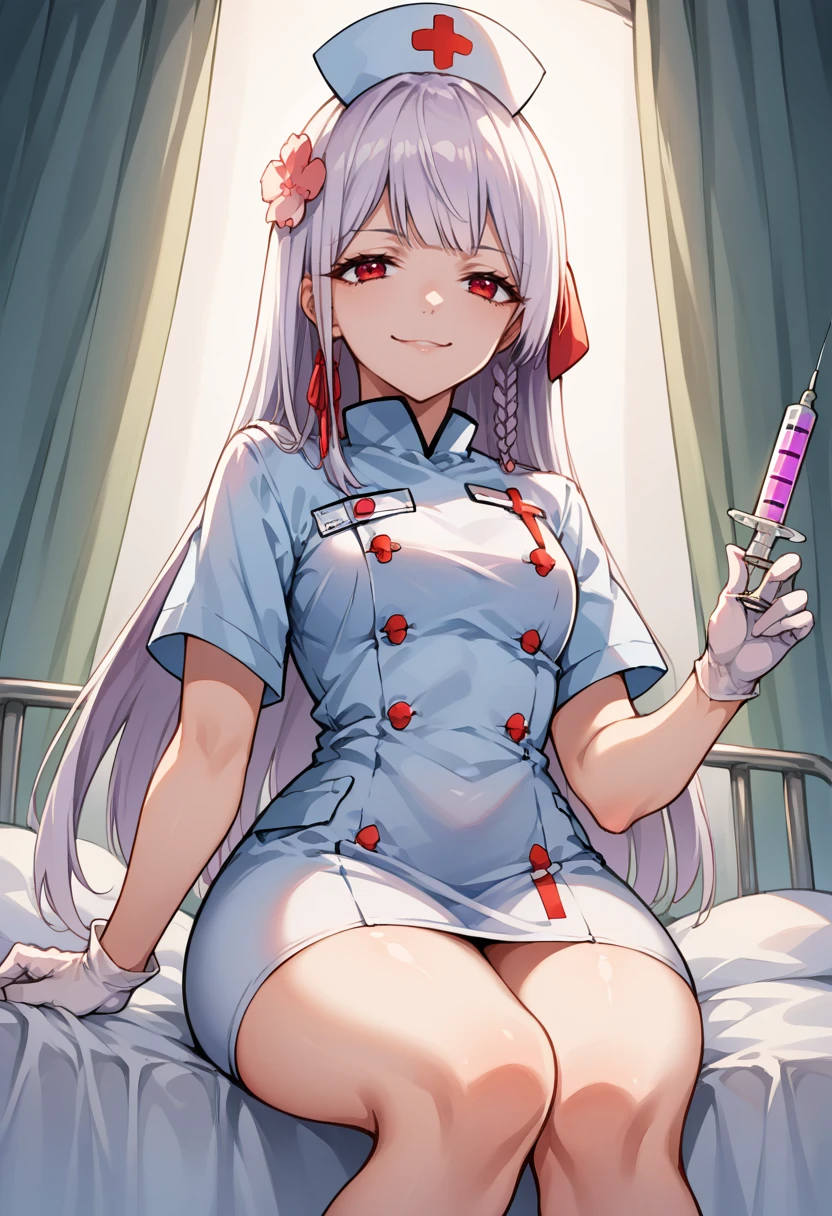 score_9, score_8_up, source_anime, 1girl, solo, FunadaUi, mole under mouth, white hair, long hair, blunt bangs, side braid, red hair ribbon, hair flower, nurse cap, nurse, impossible clothes, gloves, holding syringe, large syringe, bed, from below, seductive smile, sitting, <lora:ChamFunadaUiPonyXL:1>