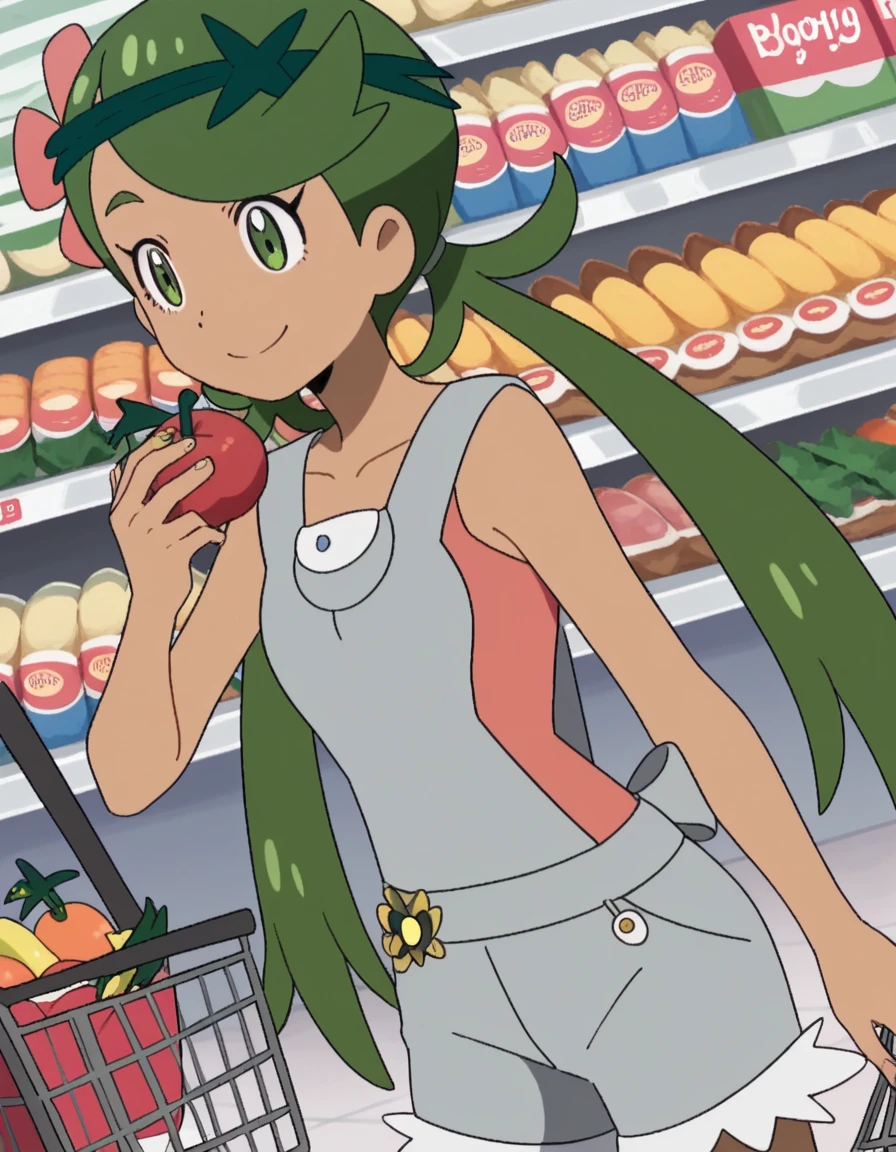 score_9, score_8_up, score_7_up, source_anime, <lora:pokemon-mallow-anime-ponyxl-lora-nochekaiser:1>, mallow, long hair, bangs, hair ornament, twintails, green eyes, flower, green hair, hair flower, dark skin, dark-skinned female, swept bangs, mallow (pokemon), collarbone, sleeveless, pink shirt, overalls,, grocery store, shopping cart, picking fruits, everyday life, , smile, , hand on thigh, elbow bent, foot pointed, solo,, cowboy shot, dutch angle