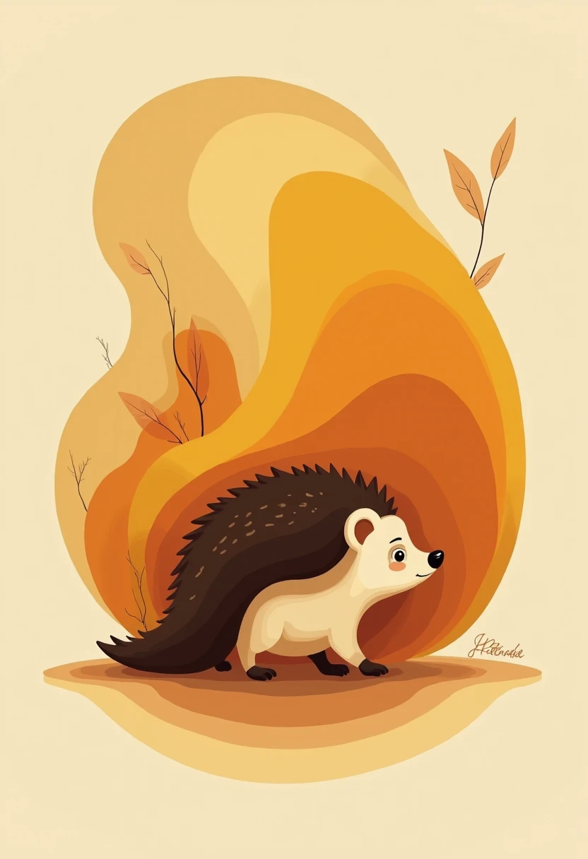 imagine an abstract poster style image of a hedgehog, in browns and yellows,