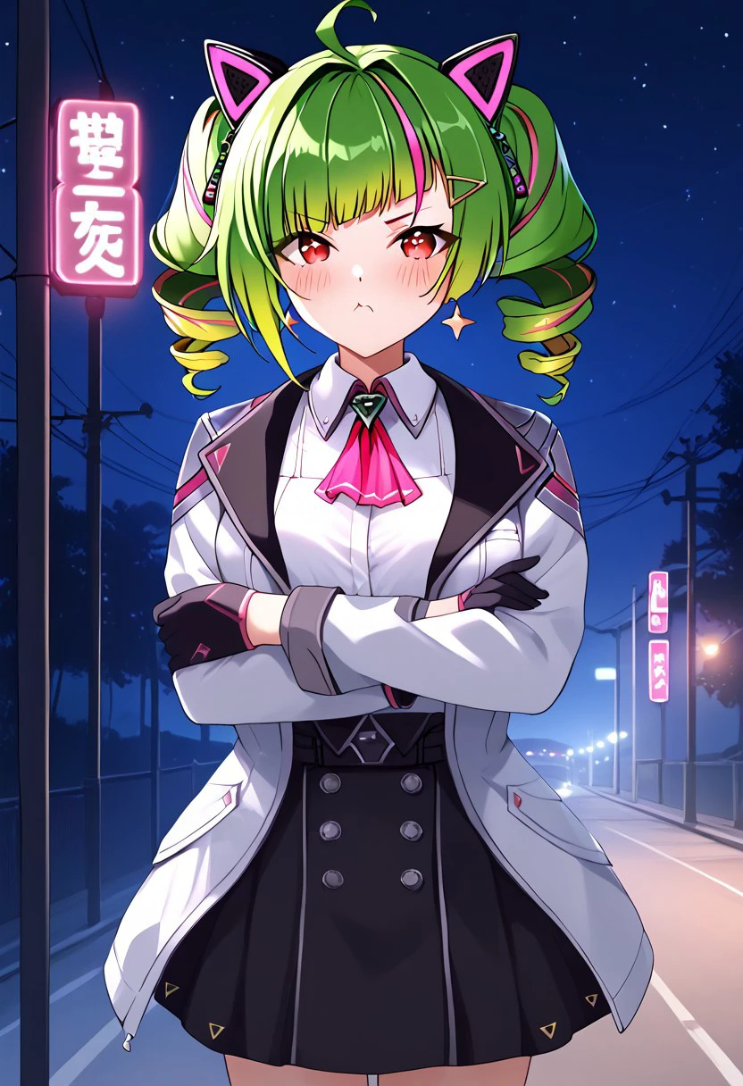 1girl, solo, highres, Delu2nd, green hair, multicolored hair, drill hair, twin drills, streaked hair, ahoge, red eyes, bangs, animal ears, twintails, pink hair, hair ornament, jewelry, earrings, fake animal ears, diagonal bangs,
shirt, white shirt, gloves, black gloves, skirt, collared shirt, black skirt, ascot,
white jacket, jacket on shoulder,
looking at viewer, crossed arms, arms under breasts, pout, blush,
night, night sky, street, neon lights, utility pole, power lines, lamppost, backlighting,