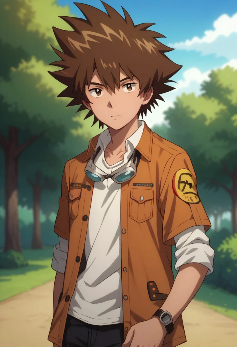 score_9, score_8_up, score_7_up, source_anime, highly detailed, 
taitri, 1boy, male focus, brown hair, solo, brown eyes, watch, shirt, spiked hair, wristwatch, goggles around neck, short over long sleeves, jacket, orange jacket, shirt, white shirt,
outdoor, sky, tree