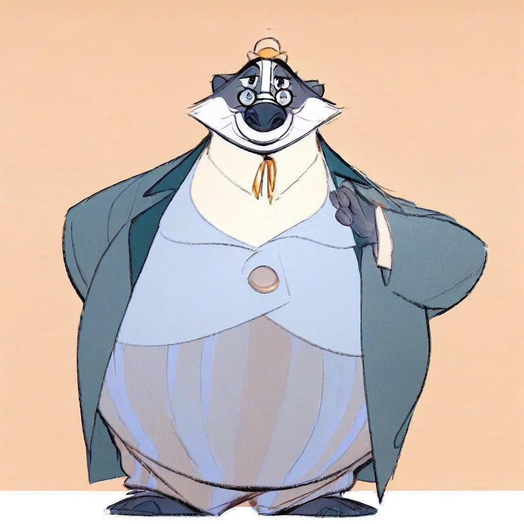 score_9, score_8_up, score_8, furry, Hamilton, badger, cartoon style, 2d, overweight male, big belly, moobs, thick thighs, wide hips, solo, glasses, suit, standing, arms behind back, smile, looking at viewer, plain background