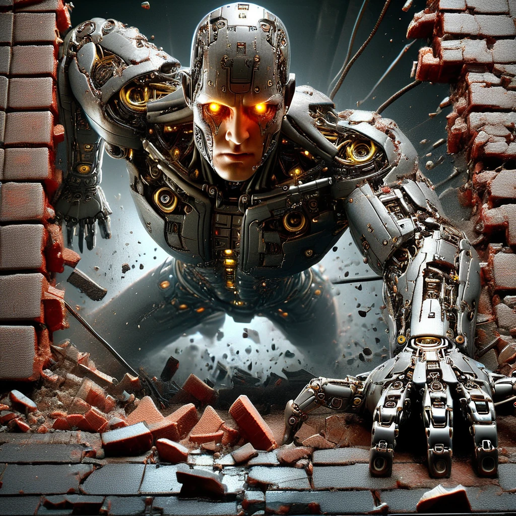 <lora:Rogue_Robots_r1:1.03>humanoid robot, 1boy, crawling down a brick wall, damaged, male focus, robot joints, realistic, full body, mechanical parts, solo, no humans, glowing yellow, bald, glowing red eyes, looking directly at viewer, mechanical arms, mechanical hands, mechanical fingers, hands pressed against the cracked surface, mechanical legs, mechanical feet, barefoot, debris, dust,