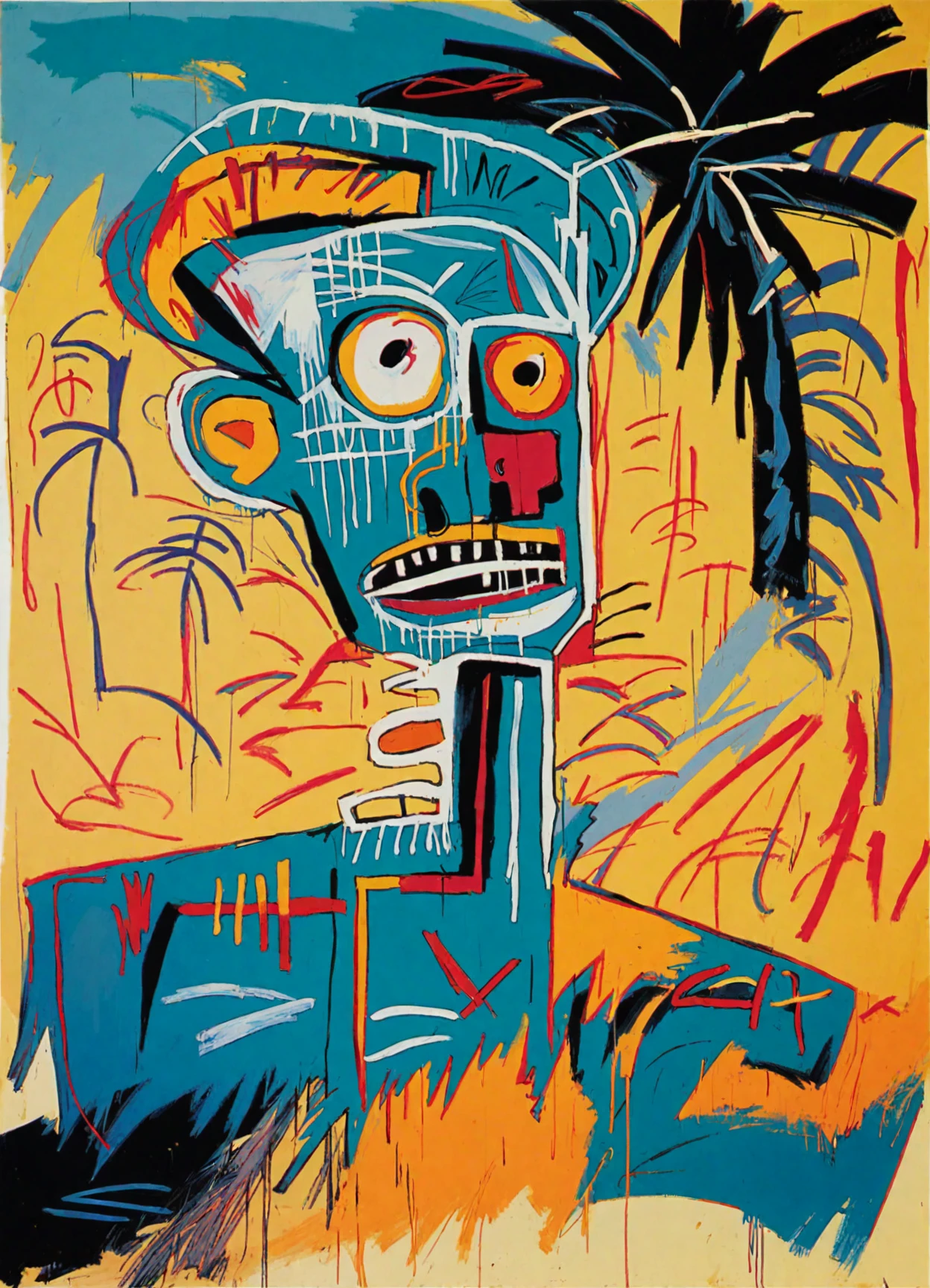 <lora:jean-michel-basquiat_pony_v1:1> ' scape ' by basquiat jean-michel in 1982,figurative \(genre\), street art \(style\)  sandy beach with turquoise waters and palm trees swaying in the breeze vibrant asian market filled with exotic goods street food and a lively atmosphere, score_9, score_6_up, score_7_up