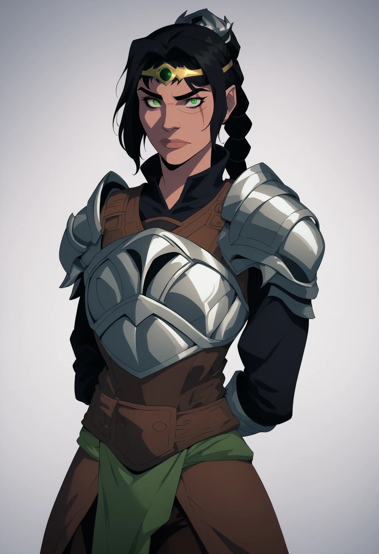 score_9, score_8_up, score_7_up, BREAK,
1girl, solo, shadowheart, black hair, braided ponytail, no pupils, green eyes, scar on face, circlet, looking at viewer, armor, pants,
arms behind back, standing, looking at viewer, white background <lora:ShadowHeartXL:0.8>   <lora:PhilBourrassaXLLocon:1>