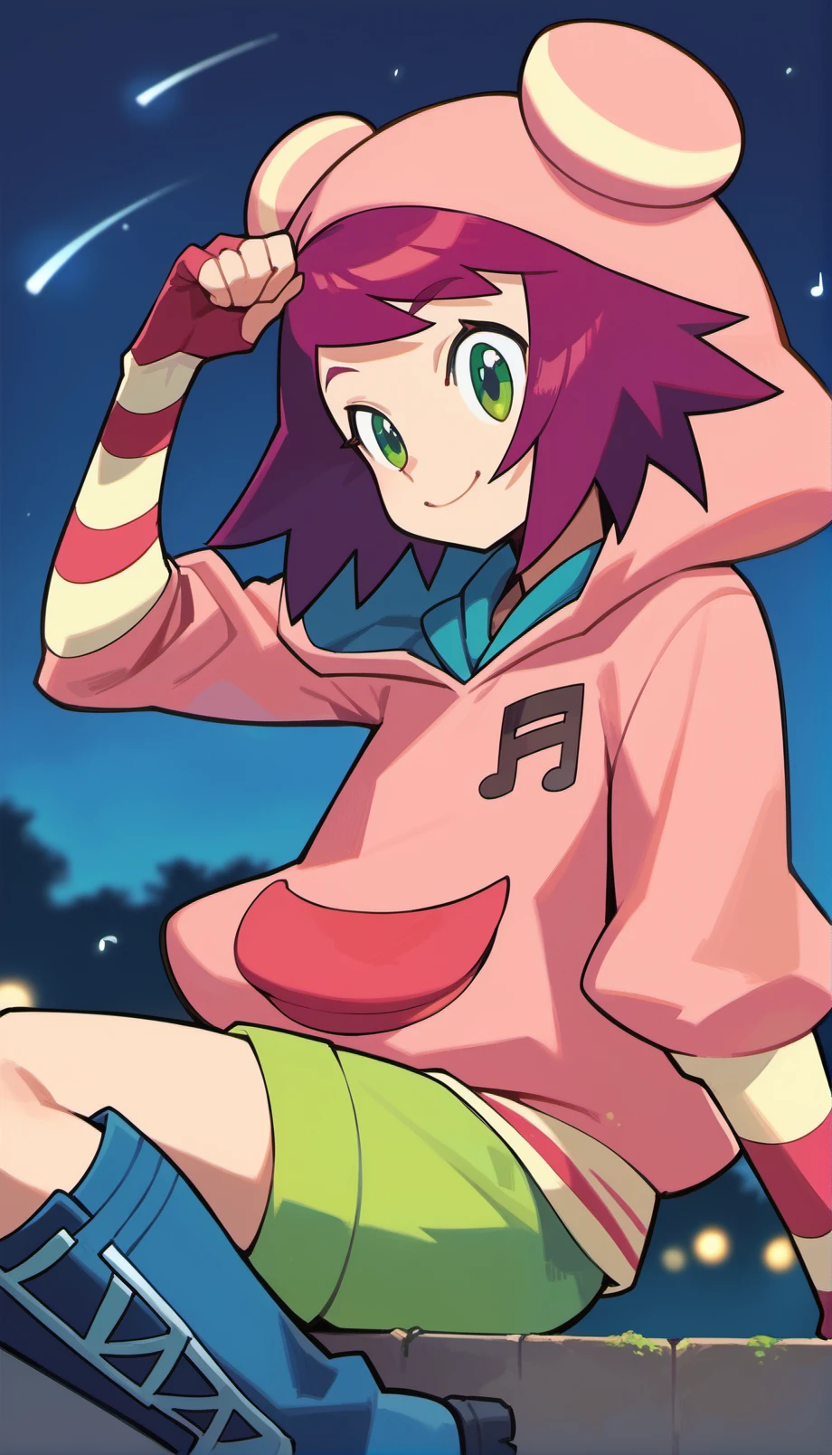 score_9,score_8_up,score_7_up,
<lora:soniastrumm:0.8>,
highres,
misorahibiki,1girl,solo,purple hair,short hair,bangs,green eyes,smile,
bear ears hooded hat,pink sweatshirt,a musical note printed on the hoodie,
long fingerless gloves,
green shorts,
blue knee boots,
upper body,
blurry background, outdoors, night, starry background, shooting star,  bloom, light particles, lens flare, lens flare abuse,