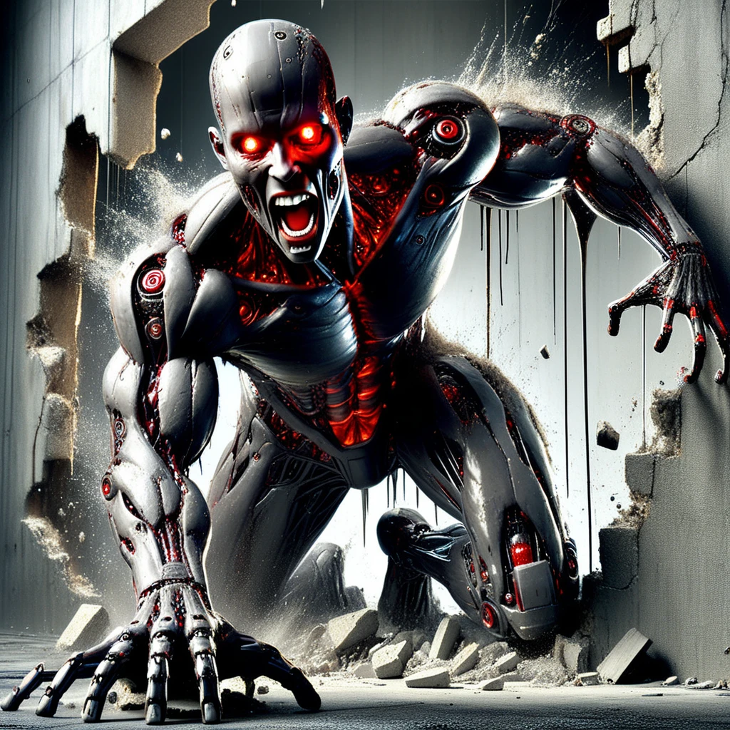 humanoid robot, 1boy, synthetic skin, exposed muscles, breaking through a concrete wall, dynamic pose, male focus, robot joints, dripping oil, grease, hyper-realistic, full body in frame, intricate mechanical components, solo, no humans present, bald head, glowing red eyes, intense expression, wide open mouth, visible teeth, extra arms, three mechanical arms, three hands, detailed mechanical fingers, mechanical legs, mechanical feet, barefoot, glowing red accents, scattered rubble, debris from wall, thick cables hanging, industrial setting, dark and gritty atmosphere, horror theme, cinematic lighting, high detail, immersive realism