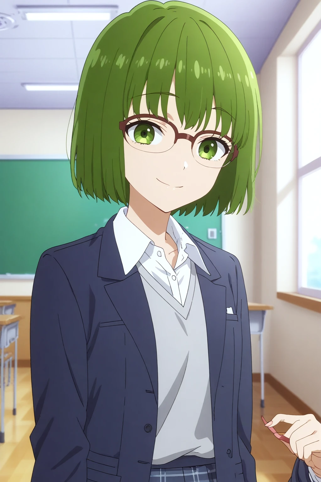 sakura kouno,anime screencap,1girl,solo,glasses,short hair,over-rim eyewear,bob cut, school uniform,smile,indoors,shirt,school uniform <lora:Sakura_Kouno - PDXL2.safetensors:0.8>