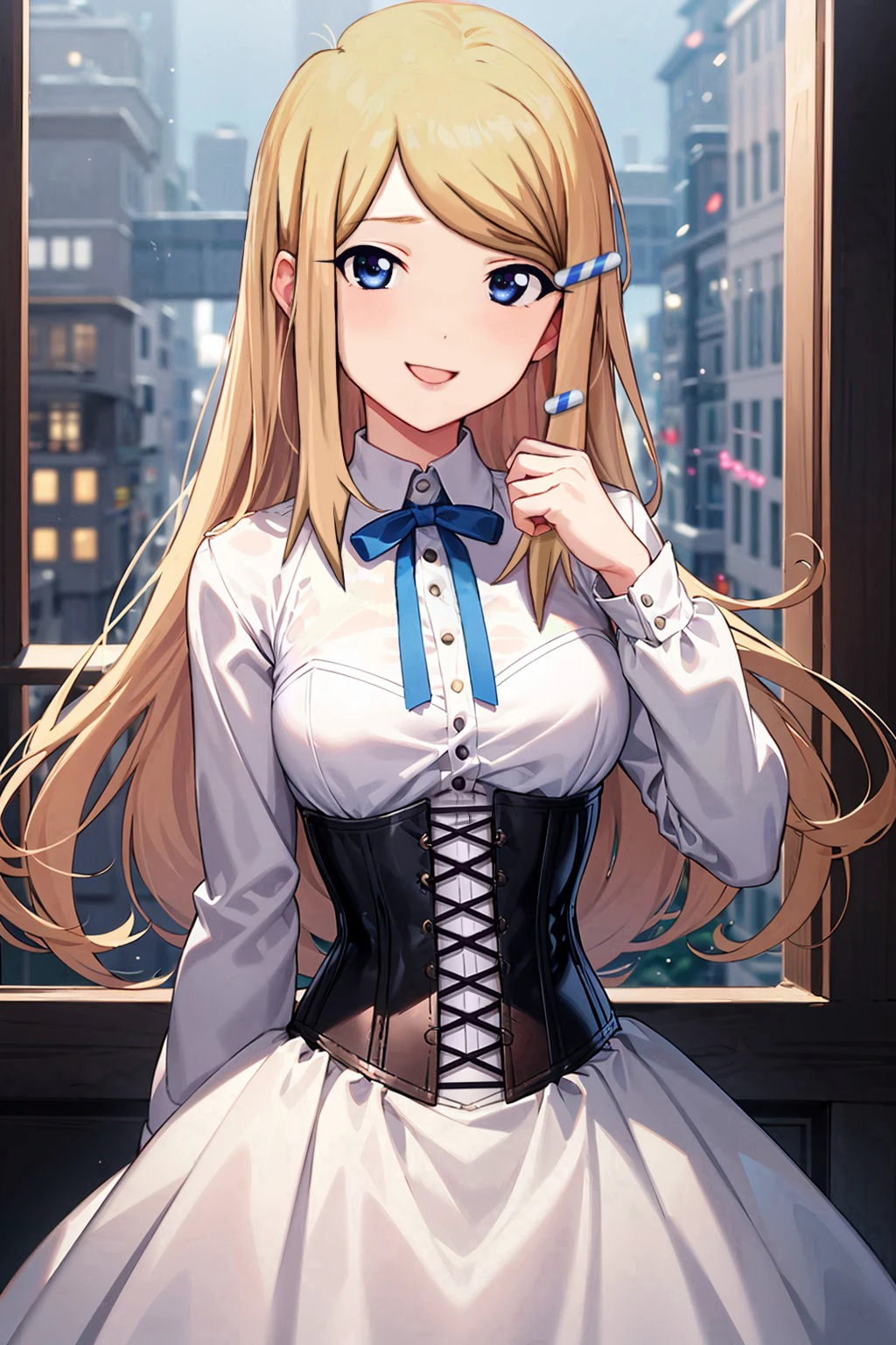 (1girl, solo), blonde hair, long hair, blue eyes, parted bangs, hairpin, white barrette, long eyelashes, slender, gothic clothing, goth outfit, white dress, white top, long sleeves, collared dress, ribbon, (corset:1.2)