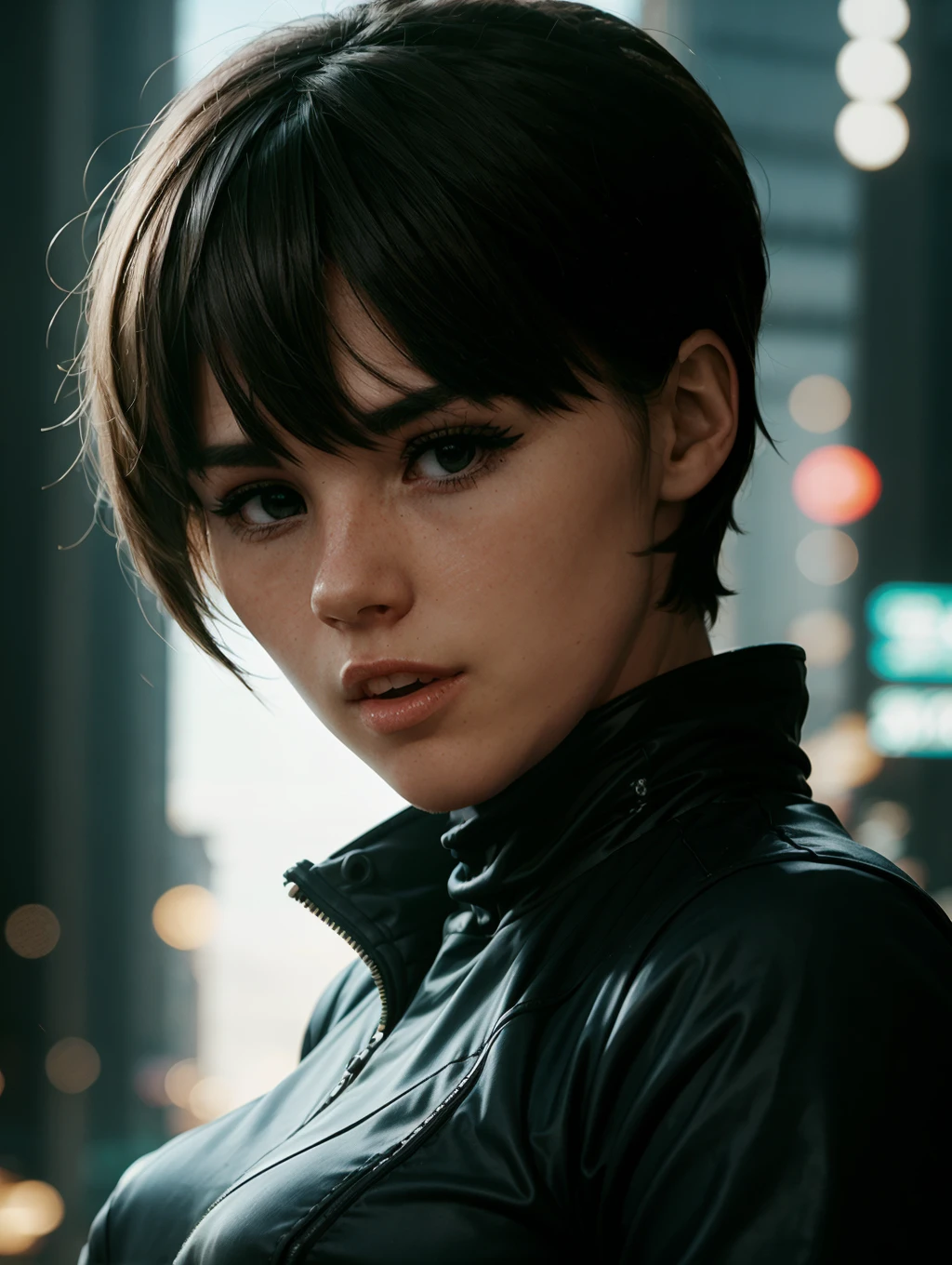 techwear fashion <lora:PE_DianneChandler:1> diannchan8, 1girl, short hair . futuristic, cyberpunk, urban, tactical, sleek, dark, highly detailed