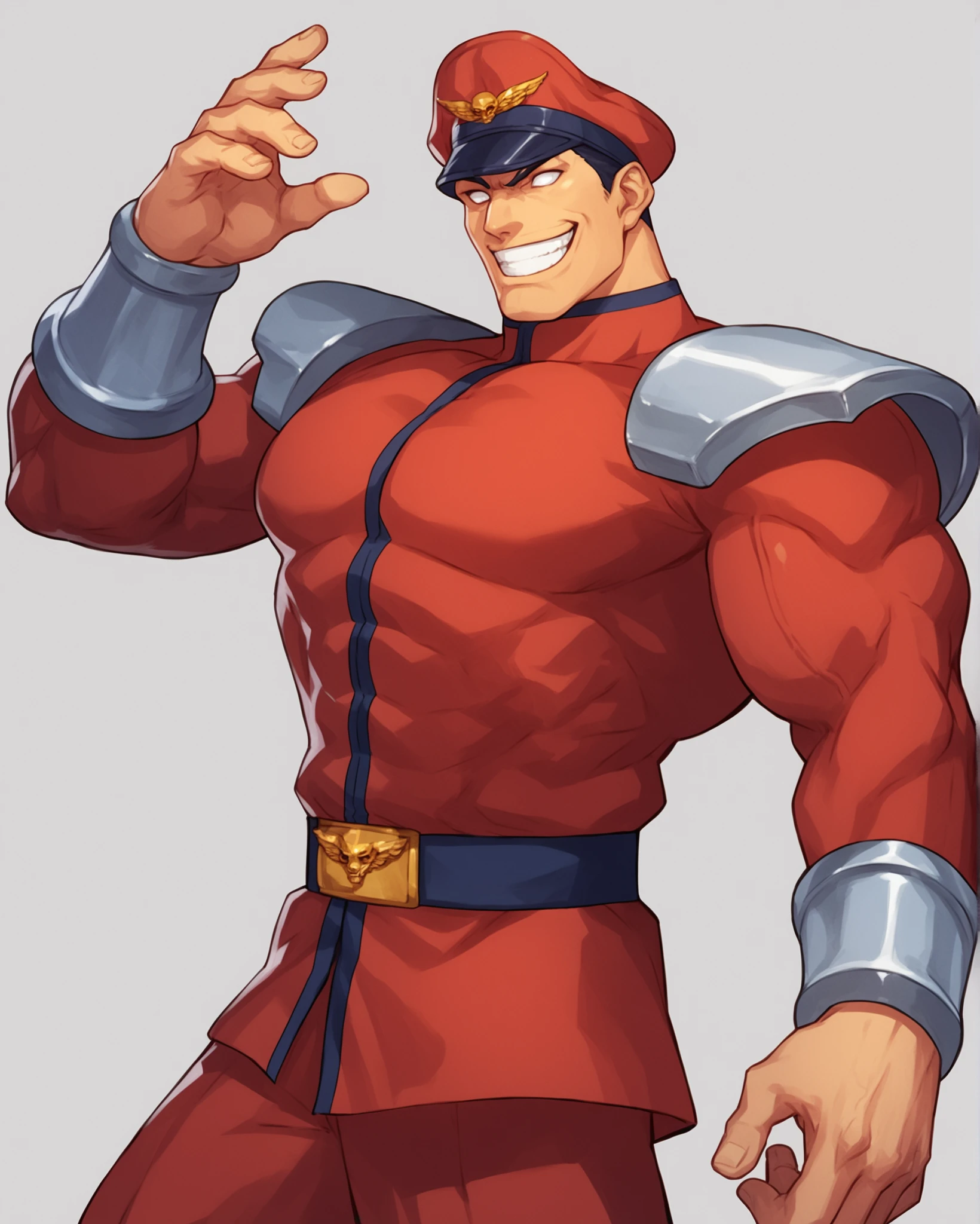 score_9, score_8_up, score_7_up, source_anime BREAK 1boy, M bison, (street fighter), red uniform, hat, grin, white eyes, peaked cap, manly, military uniform, muscular, <lora:M_Bison_Street_Fighter:1>, rating_questionable