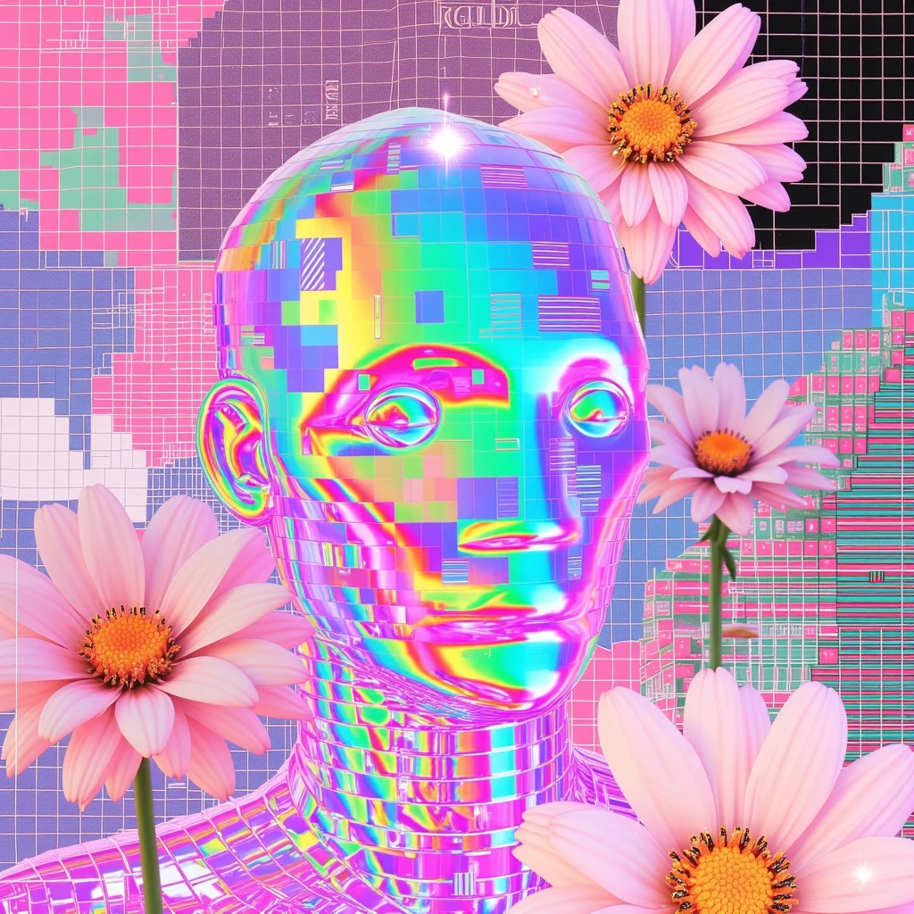 xdlx style, digital collage, abstract composition, glitched vaporwave, iridescent geometric chrome robot, pixelization, flowers, vaporwave aesthetic, grids, graphs