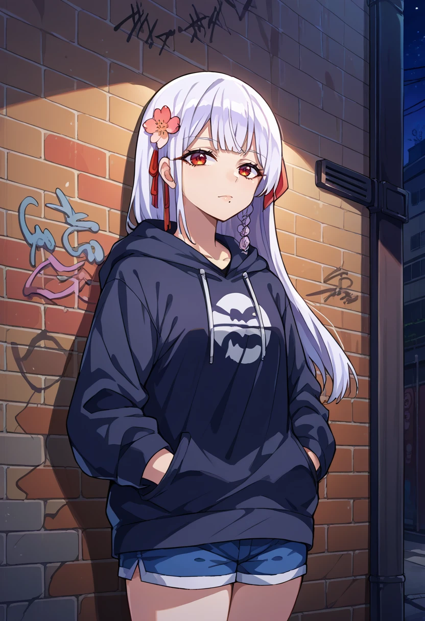 score_9, score_8_up, source_anime, 1girl, solo, FunadaUi, mole under mouth, white hair, long hair, blunt bangs, side braid, red hair ribbon, hair flower, black hoodie, hood down, hands in pockets, shorts, night, street, against wall, graffiti, solo, <lora:ChamFunadaUiPonyXL:1>