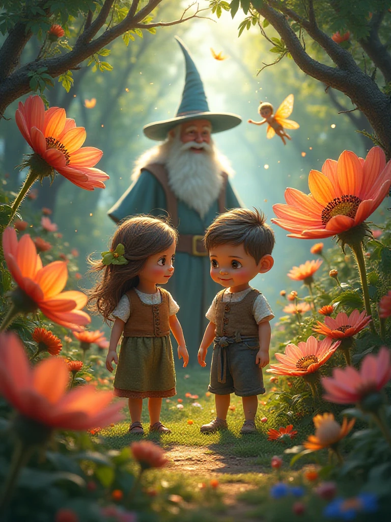 An enchanted garden filled with vibrant, oversized flowers, their petals glowing with an otherworldly light. A young boy and girl, dressed in simple peasant clothes, explore the garden in awe, while a playful fairy flits around them, sprinkling golden dust. At the center of the garden, a wise old wizard watches over them, smiling as they discover the wonders around them. , xplus  <lora:XPlus_fairy_v1:1>