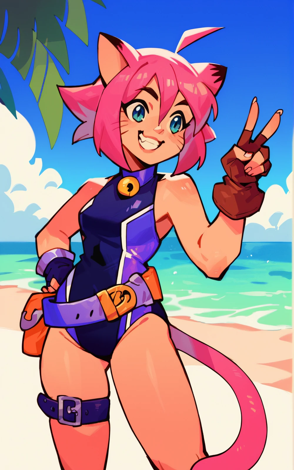 a female character stand on the beach, tropical island background, <lora:ApexLegends:1.0>
