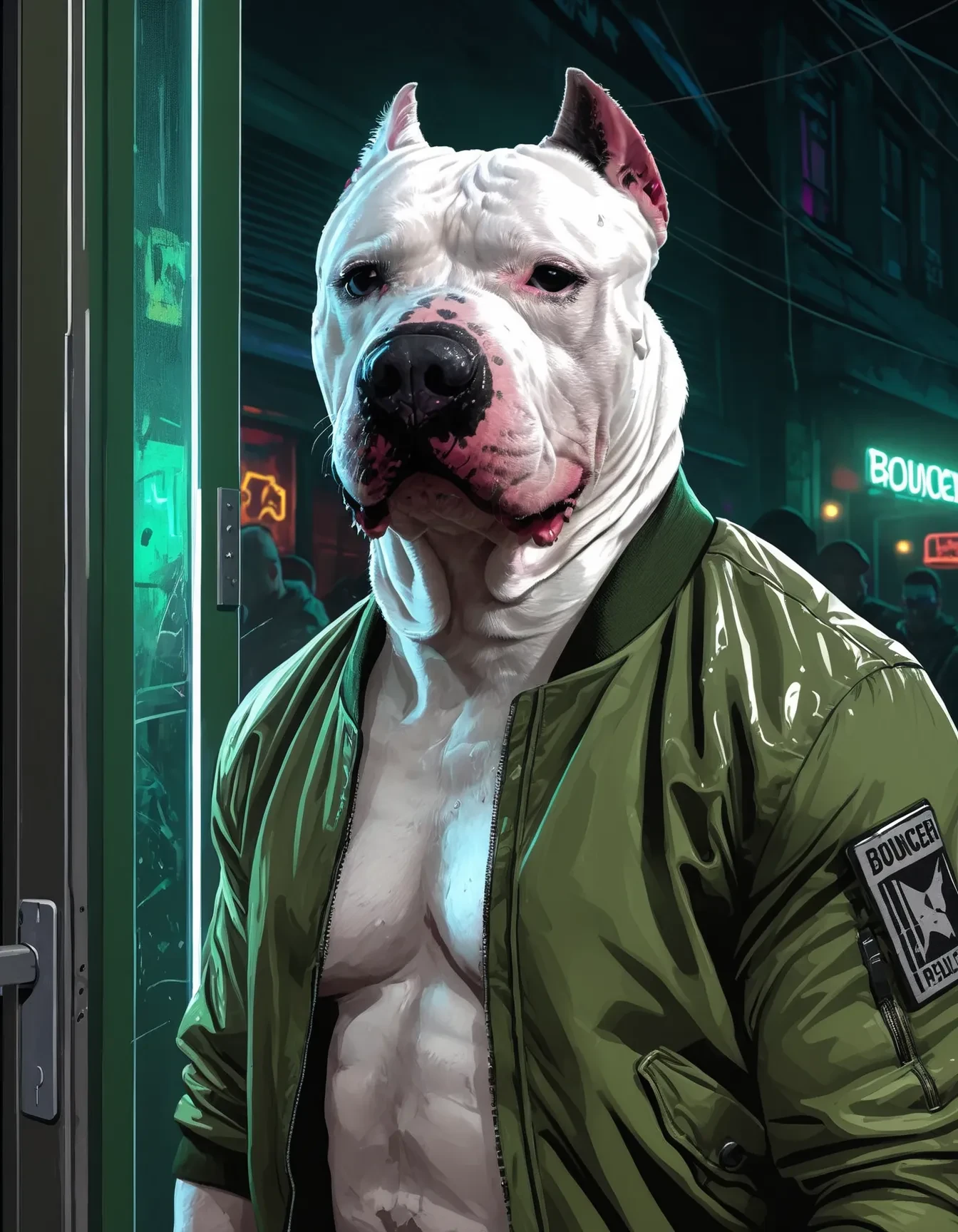 <lora:White_Pitbull_Dog_SDXL:1> cyberpunk style, vector art illustration, closeup of a serious and muscular White Pitbull bouncer wearing a earpiece and a army green bomber jacket with sunglasses, standing outside a nightclub in a dystopian city, glass door, dark shadows, city neon light reflections, wet atmosphere, vivid, 8K, UHD, intricate details, highly detailed