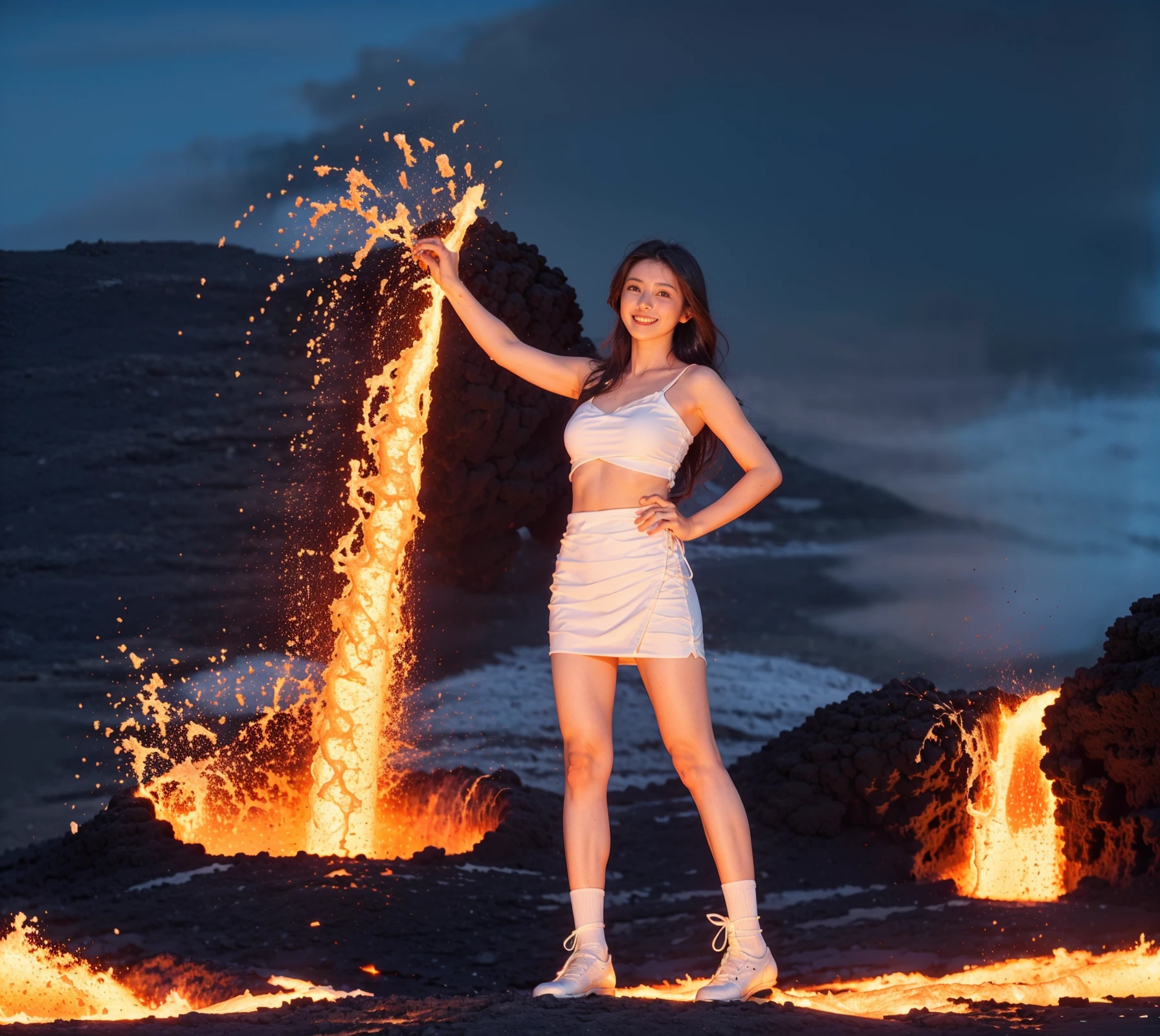 Master piece,highly detailed,best quality,high resolution,
volcano, (lava\(glowing, splash,high in the air, surrounding 1girl\):1.2),realistic,full shot,foreground\(full of lava, no volcanics, no black stone\),
(1boy\(full body, standing on Lava, surrounded by Lava,white long hair, white short skirt, low cut, white chest wrap, white stockings, facing viewer, looking at viewer, smile\):1.2),front view,medium_shot,