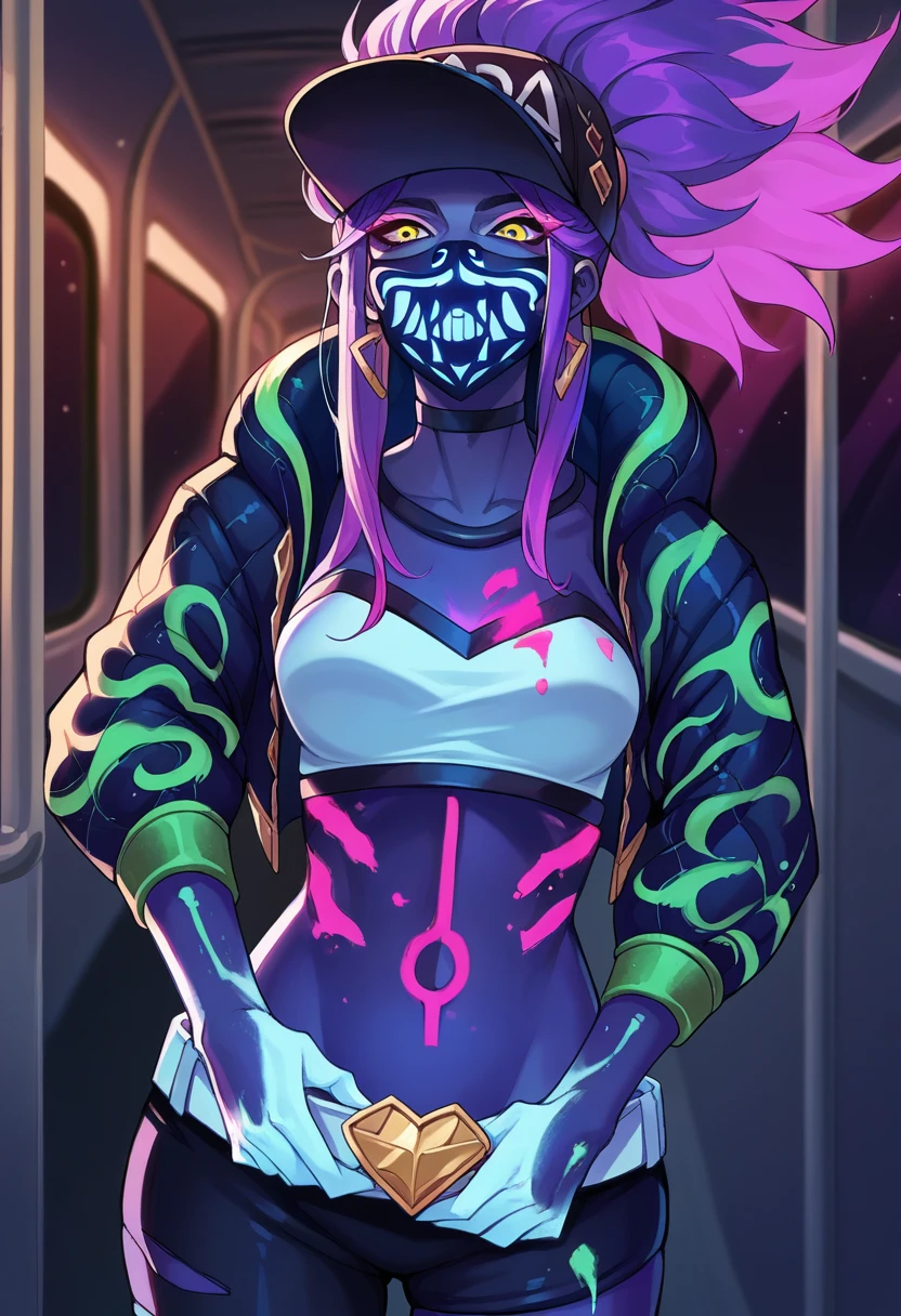 score_9, score_8_up, source_anime, 1girl, solo, AkaliNeon, long hair, high ponytail, sidelocks, purple hair, glowing hair, yellow eyes, glowing, blue skin, white hands, bodypaint, neon lights, baseball cap, print cap, mouth mask, earrings, black choker, white tube top, midriff, black jacket, green paint on jacket, cropped jacket, white belt, black pants, single pantsleg, uneven legwear, subway, train interior, <lora:ChamAkaliNeonPonyXL:1>