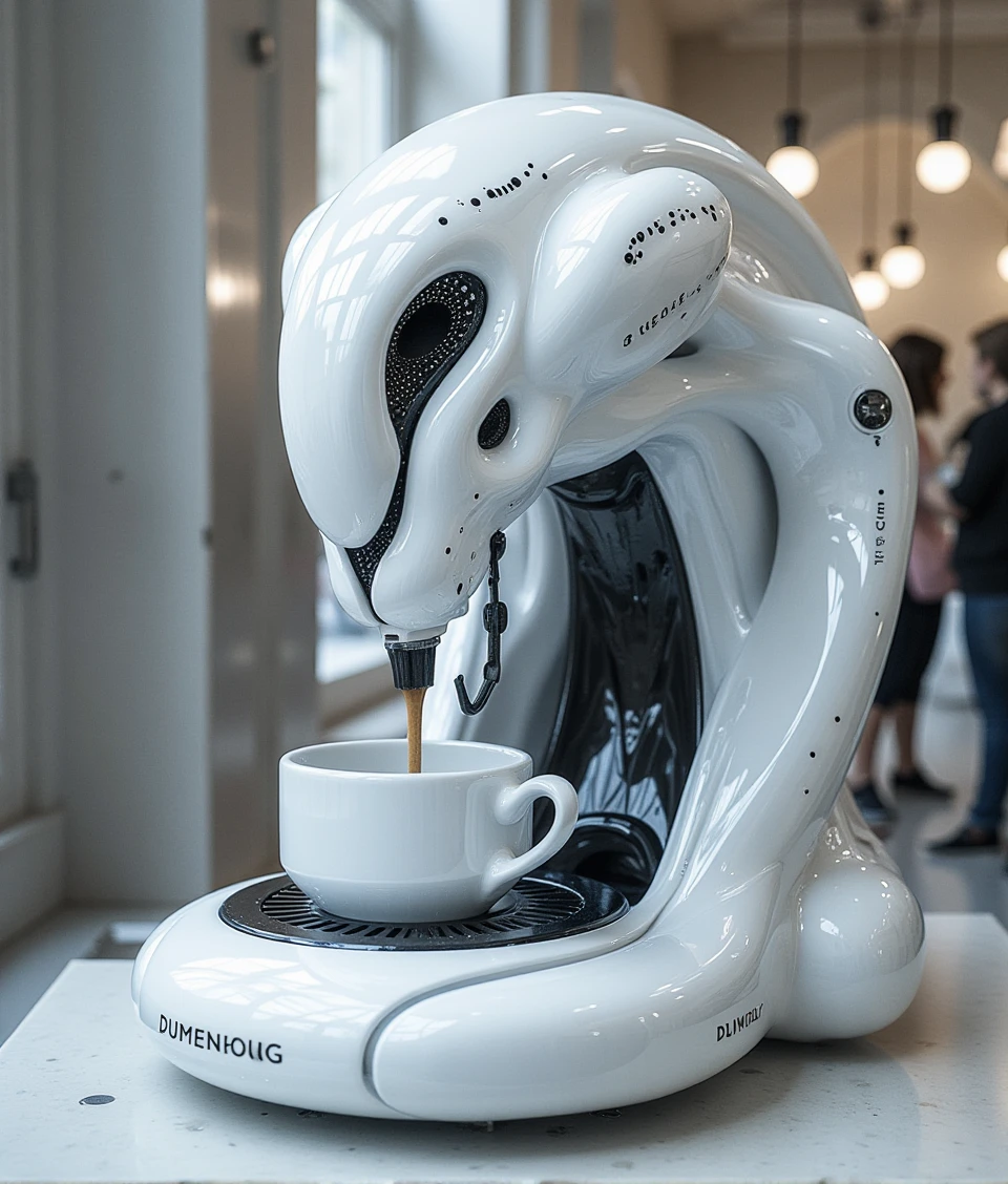 mechwhite,a futurism coffee machine on table is making coffecoffe