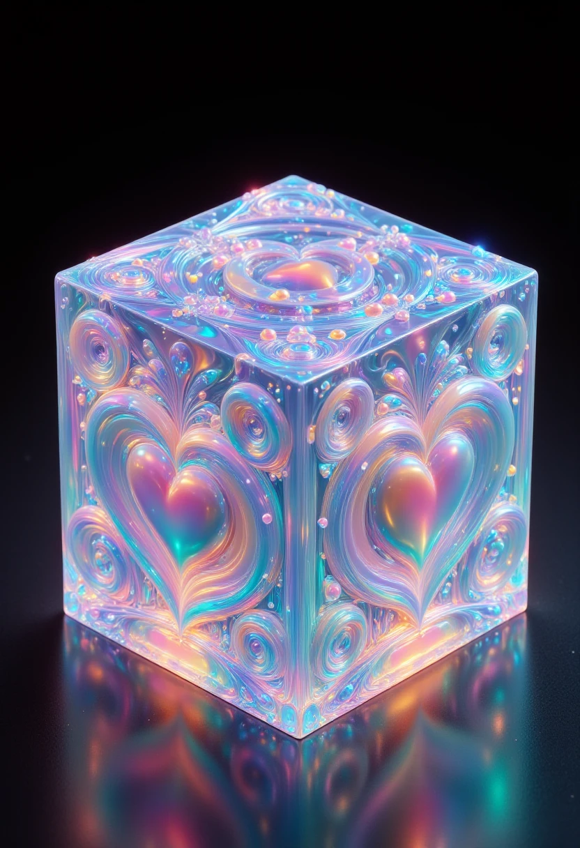 a cube made out of iridescent jelly, heart engravings, highly detailed