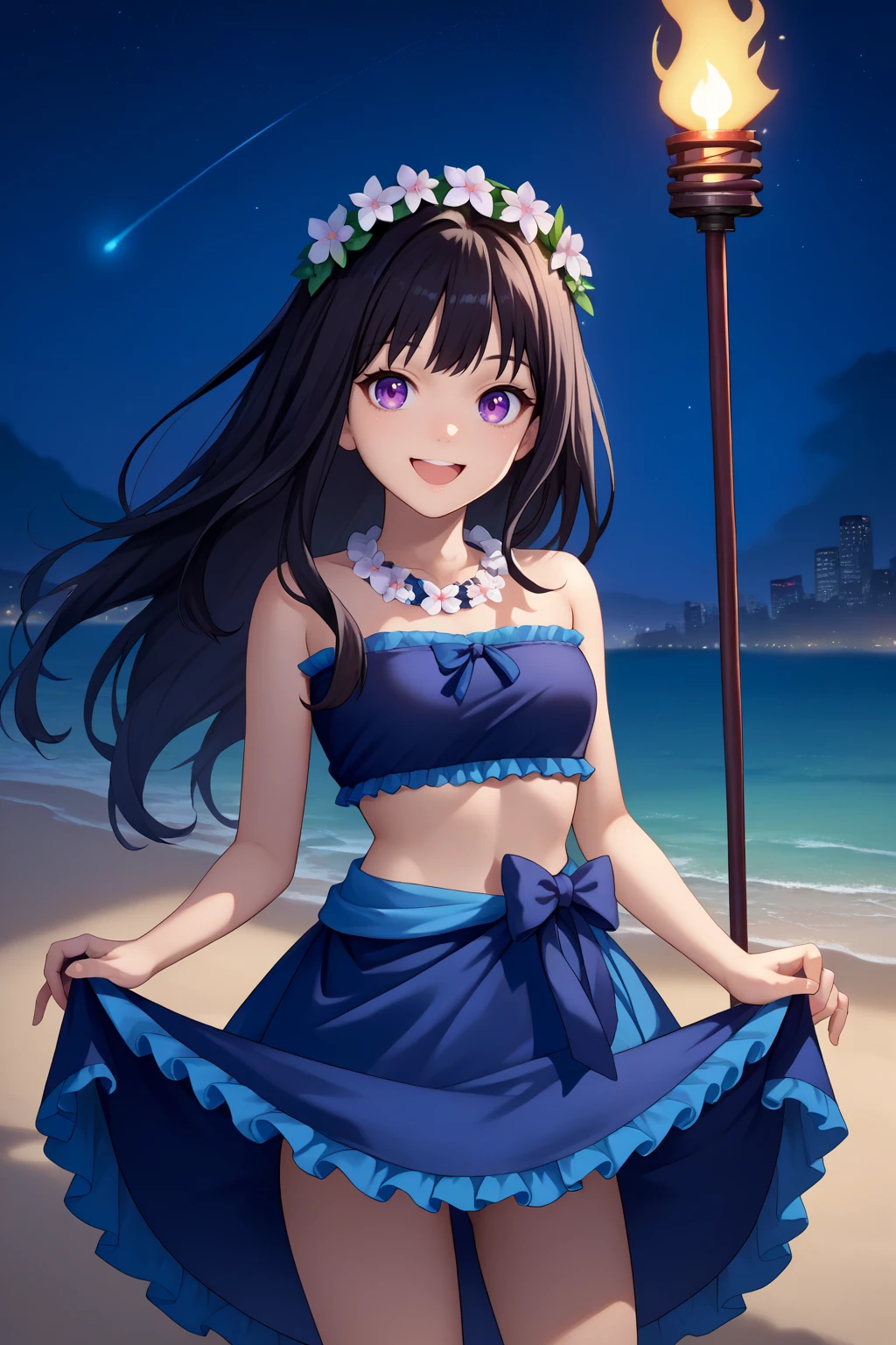 score_9, score_7_up, source_anime, cowboy shot, looking at viewer, smile, open mouth, inetkn, long hair, black hair, purple eyes, head wreath, blue frilled skirt, blue frilled tube top, flower necklace, skirt lift, outdoors, night, beach, skyline, torch, <lora:Hoseki_LycorisRecoil_TakinaInoue_PDXL_v1:1>