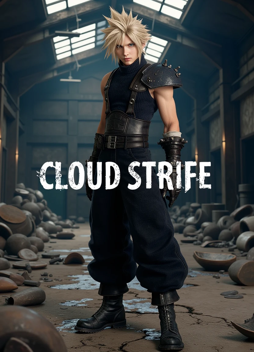 remake_cld, angry, standing in a battle pose in a crumbling warehouse. in the center it says "CLOUD STRIFE" as a title in the final fantasy font