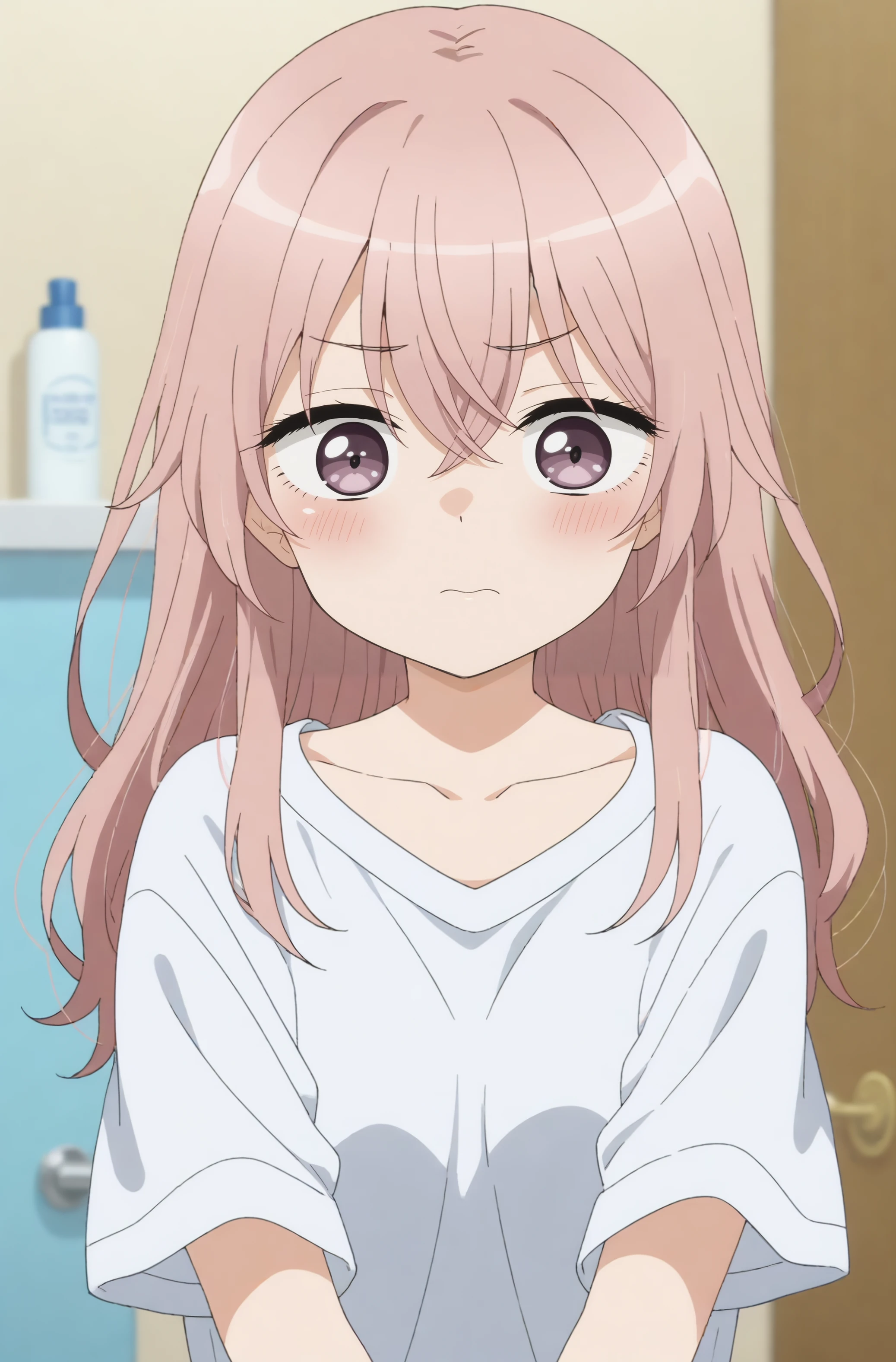 sajuna inui,anime screencap,1girl,solo,pink hair,long hair,bangs,shirt,hair between eyes,indoors,corridors,school,collarbone, white shirt,bathroom, blush <lora:Sajuna Inui.safetensors:0.8>