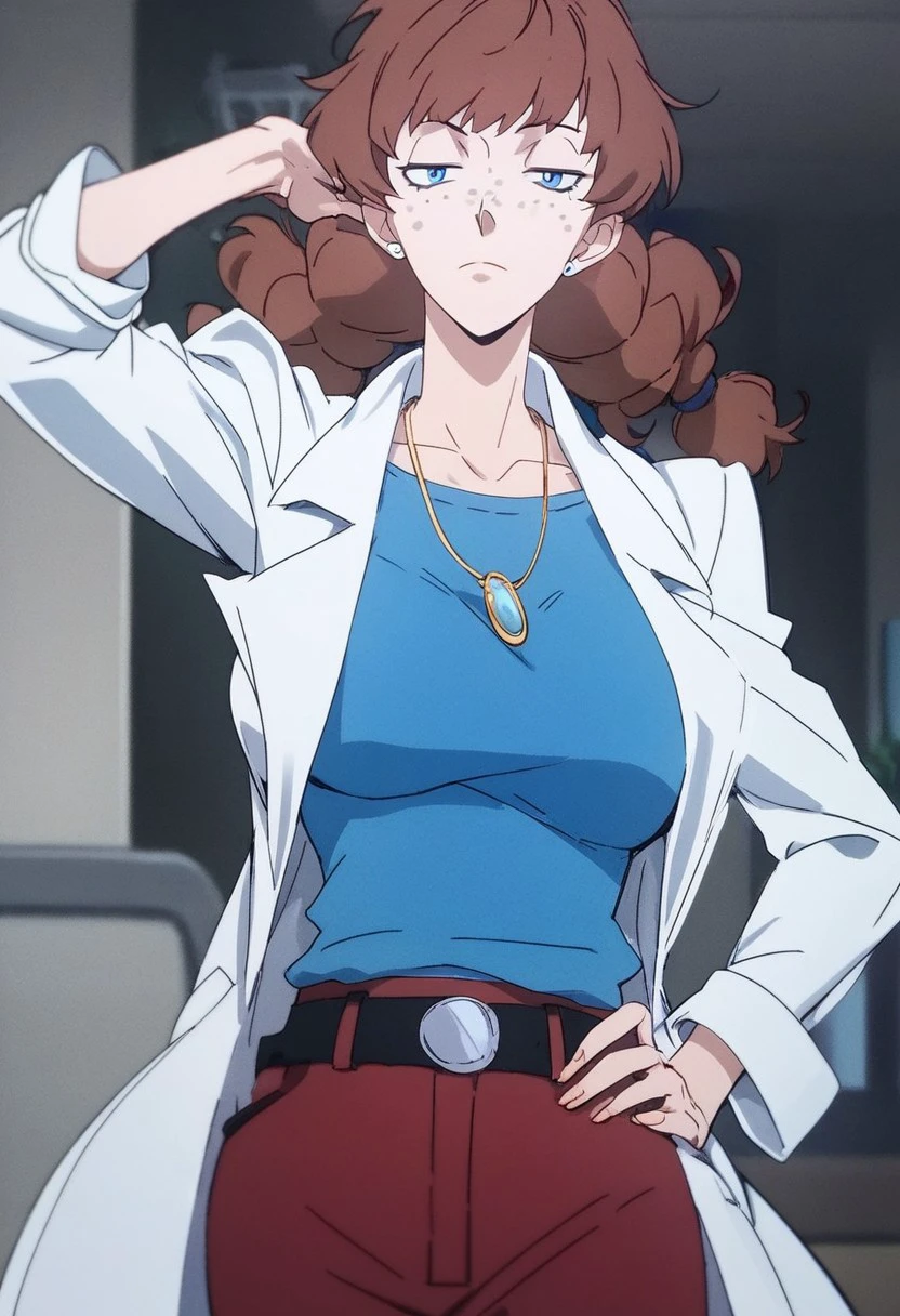 fjkwaitress, 1girl, solo, brown hair, long hair, two braids, two thick and loose braids, reach up shoulders tow braids, freckles, blue eyes, jewelry, labcoat, necklace, hand on hip, belt, breasts, large breasts, collarbone, blue shirt,
score_9, score_8_up, score_7_up, sauce_anime,