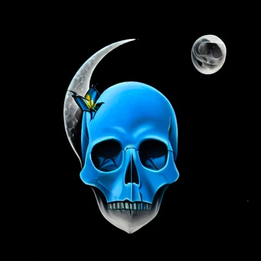 still life, MOON SKULL, bird, blue butterfly