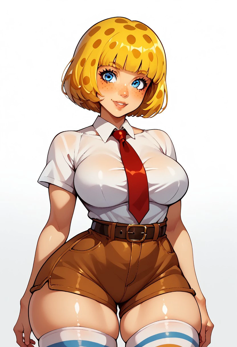 score_9, score_8_up, score_7_up, , shiny skin:0.1, source_anime, , deep skin,, high quality, highres, , 1girl, (curvy), ((wide hips)),, thick thighs, cute, big breasts, solo, SBSPGijinka3, yellow hair, blue eyes, short sleeves, collared shirt, white shirt, red necktie, brown shorts, black belt, white Stockings, striped stockings, freckles, bob cut, short hair, polka-dot hair, dark yellow dots, blunt bangs