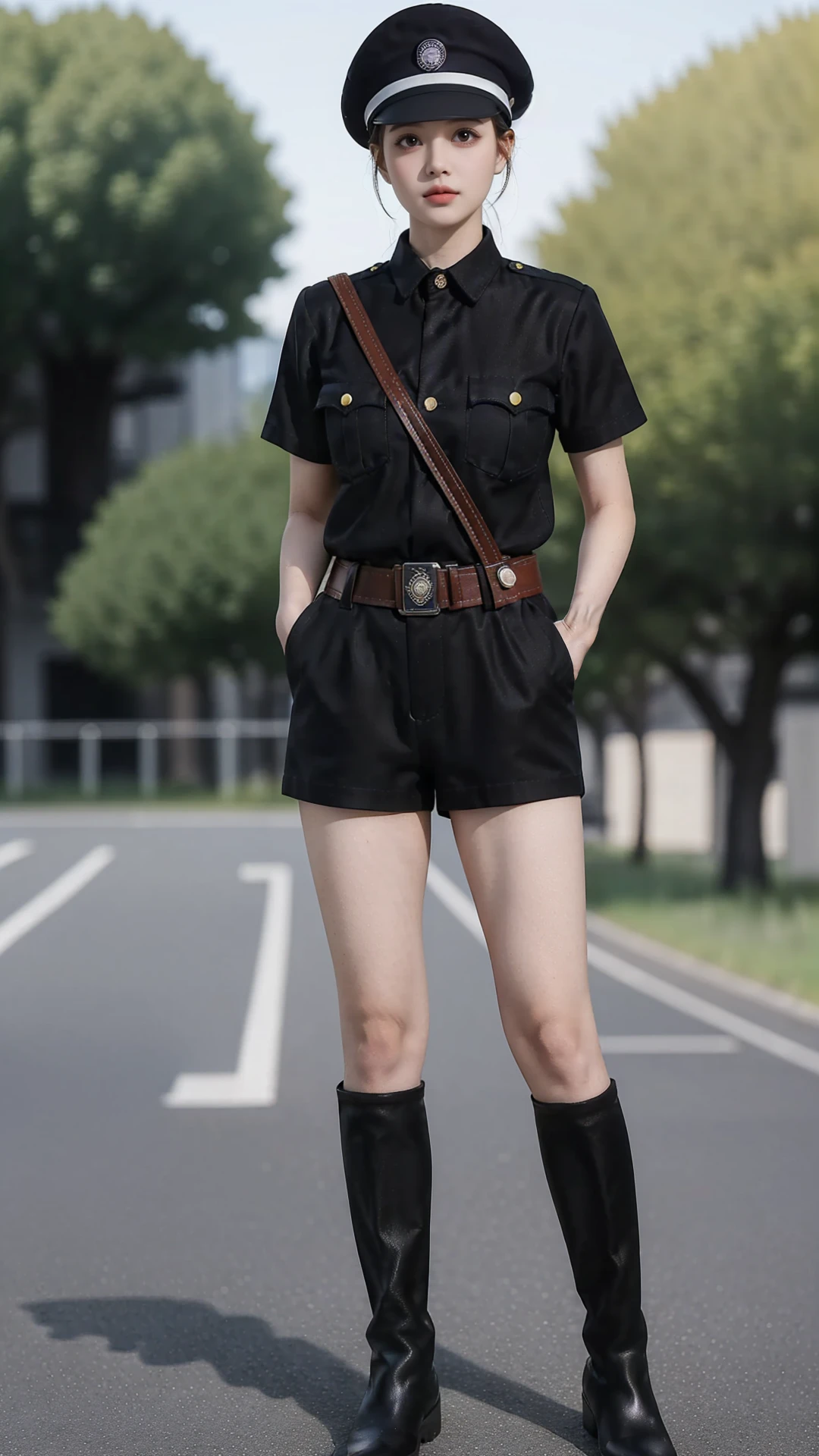 1girl,solo,(hands in pockets:1.3),(police uniform),(black police uniform:1.2),(short sleeves),(short pants),black pants,hat,police hat,black hat,(belt),(black thighhighs),shoes,(boots),(battlefield),soemy,outdoors,(full body:1.2),(realistic),Highly detailed,(ultra-detailed),(8k,best quality,huge filesize,masterpiece:1.5),<lora:Republican Era Police Uniform:0.7>,