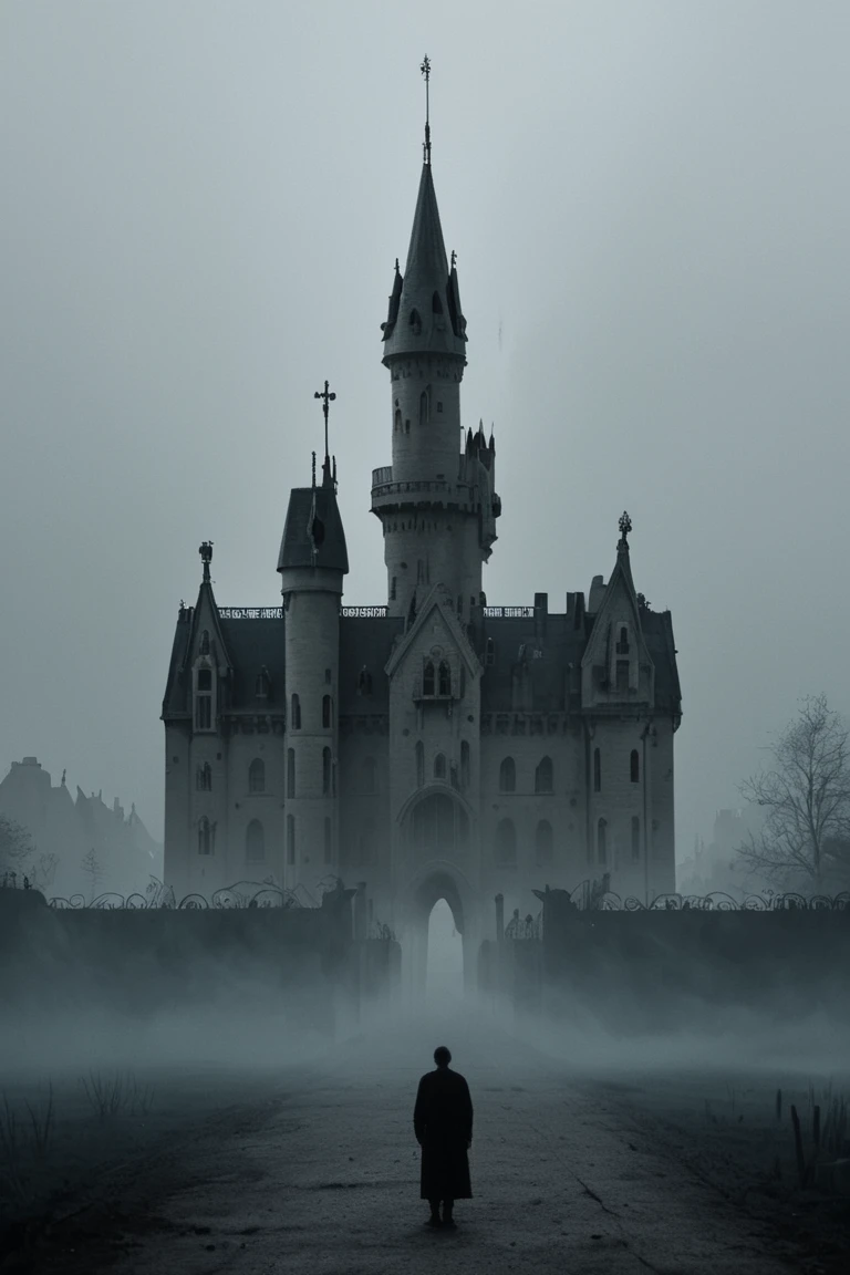 gloomy guy with an ax on the background of a vintage castle, fog, cinematic portrait of a gloomy
