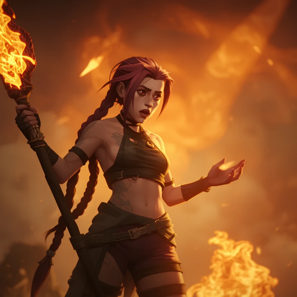 Jinx, a fire sorceror with striking red hair tied into two long braids.  She wears a crop top and shorts and wields a fiery staff made of volcanic rock.  She gestures wildly in a fit of rage, her mouth open in a scream as meteors rain from a burning sky.  Apocalyptic end times.