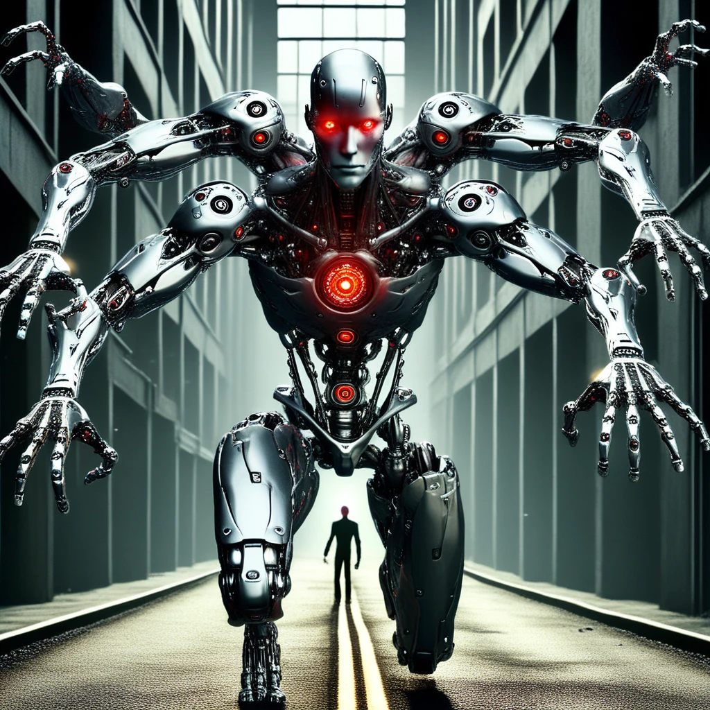 humanoid robot, chrome plated metallic frame, male focus, robot joints, realistic, full body, mechanical parts, solo, no humans, glowing, bald, glowing red eyes, looking directly at viewer, no nose, no mouth, emotionless, extra arms, 6 arms, mechanical arms, 6 hands, mechanical hands, open hands, mechanical fingers, mechanical legs, mechanical feet, barefoot, road, street, cars, dark, dust, nightmarish urban setting, horror (theme)