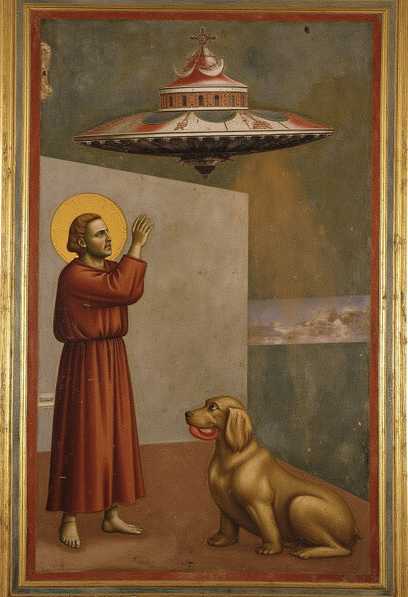 A medieval painting in the style of Giotto of a man whatching an UFO