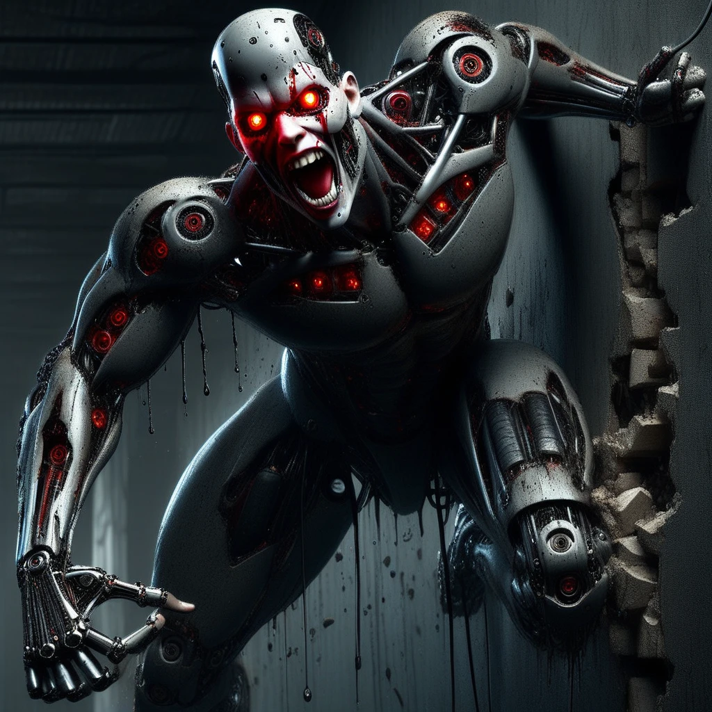 humanoid robot, 1boy, synthetic skin, exposed muscles, breaking through a concrete wall, dynamic pose, male focus, robot joints, dripping oil, grease, hyper-realistic, full body in frame, intricate mechanical components, solo, no humans present, bald head, glowing red eyes, intense expression, wide open mouth, visible teeth, extra arms, three mechanical arms, three hands, detailed mechanical fingers, mechanical legs, mechanical feet, barefoot, glowing red accents, scattered rubble, debris from wall, thick cables hanging, industrial setting, dark and gritty atmosphere, horror theme, cinematic lighting, high detail, immersive realism