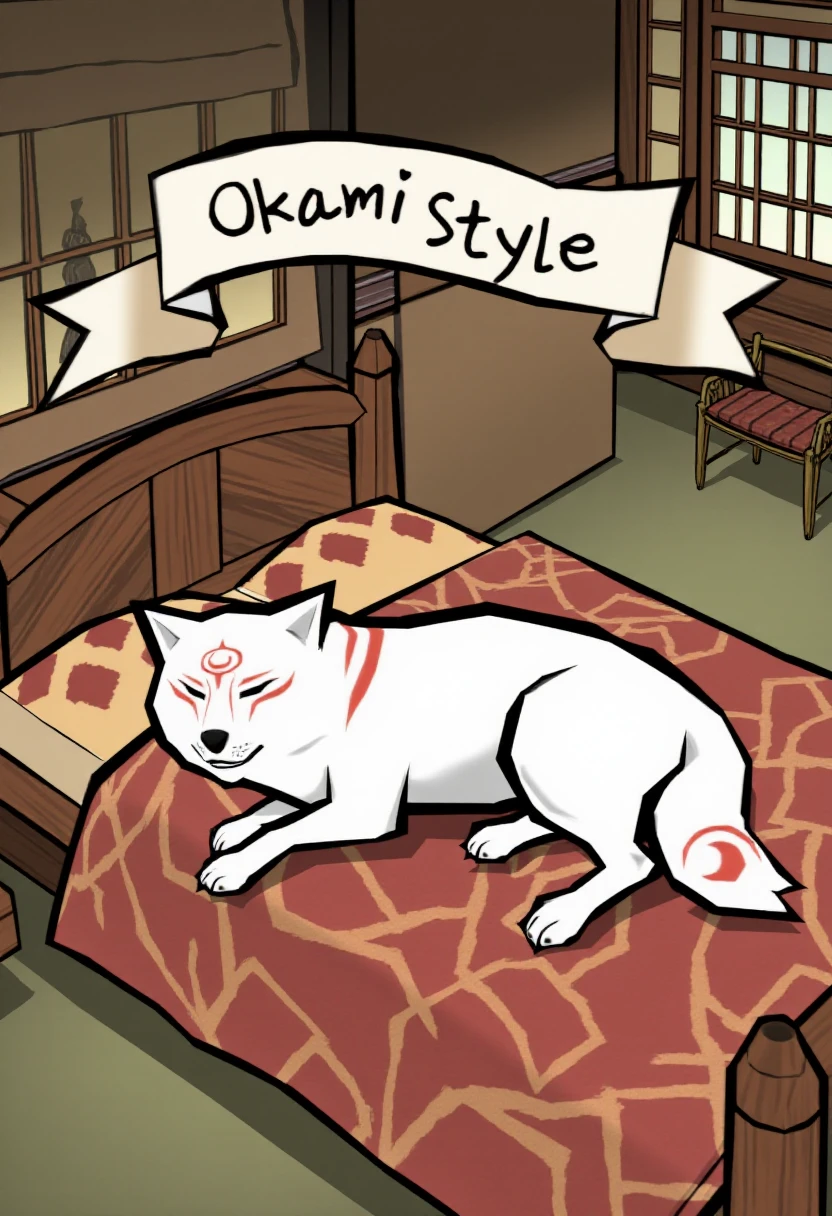 okamistyle, a white wolf sleeping on a fancy bed in a traditional japanese bedroom. Banner text: "Okami Style"  