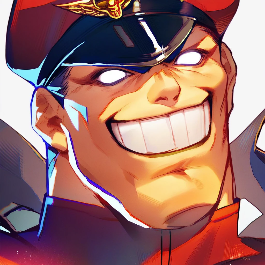 score_9, score_8_up, score_7_up, source_anime BREAK 1boy, M bison, (street fighter), red uniform, hat, grin, white eyes, peaked cap, manly, close up, rating_questionable