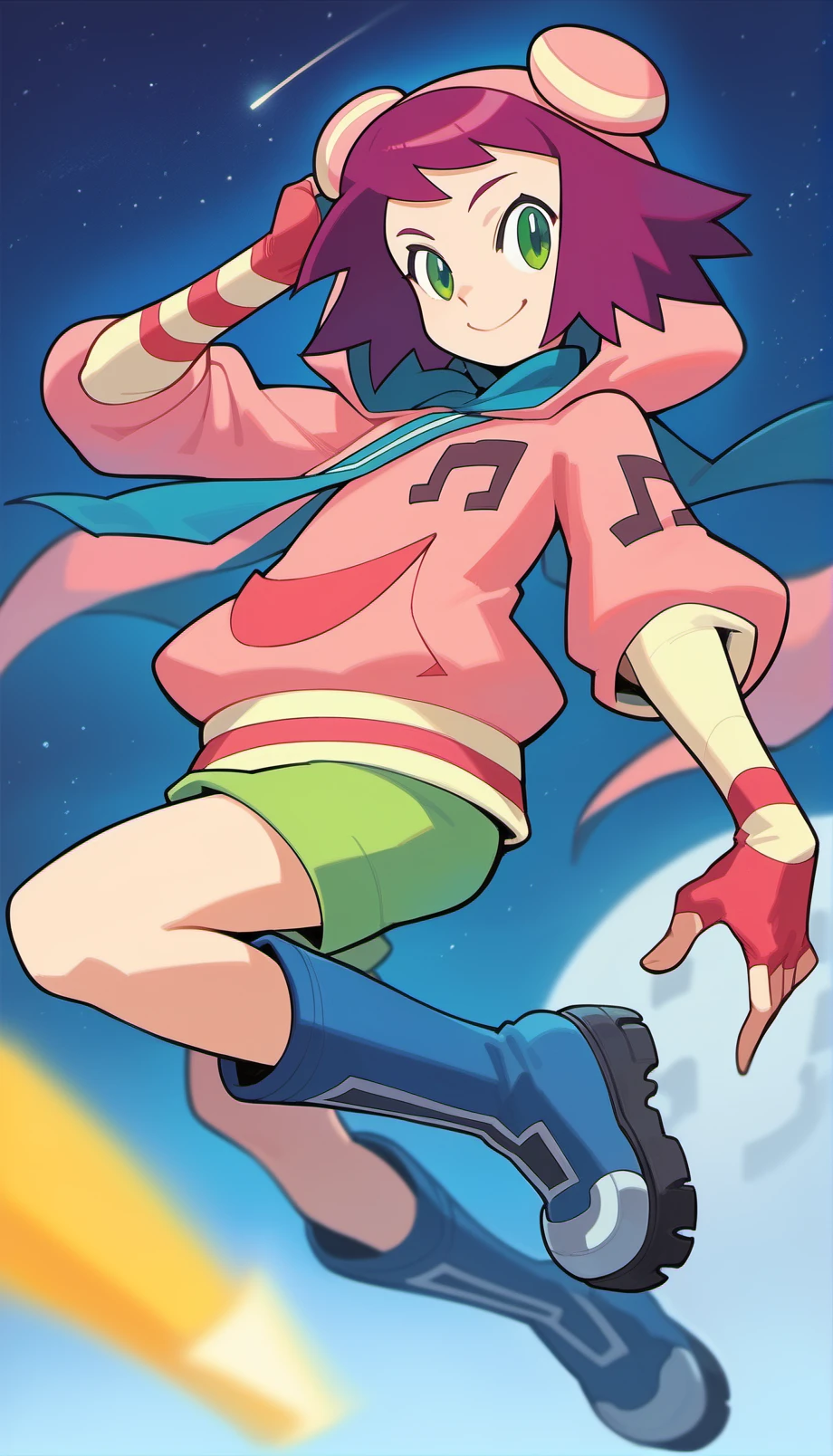 score_9,score_8_up,score_7_up,
<lora:soniastrumm:0.9>,
highres,
misorahibiki,
1girl,solo,
purple hair,short hair,bangs,
green eyes,looking at viewer,
bear ears hooded hat,smile,
pink sweatshirt,a musical note printed on the hoodie,
long fingerless gloves,
green shorts,
blue boots,
full body,jumping,in air,
blurry background,outdoors,night,starry background,starry night,shooting star,bloom,light particles,lens flare,lens flare abuse,star trails,cloud,galaxy, moon,