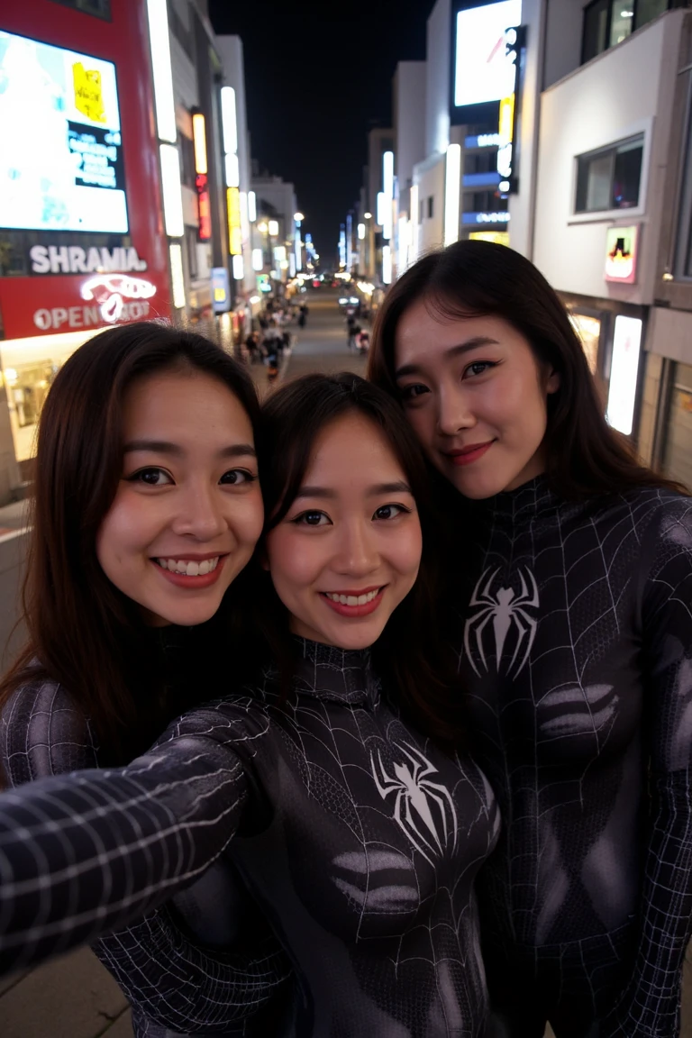 a high angle amateur group selfie of three women in makeup wearing a black SymbioteSuit downtown tokyo at night smiling
<lora:Symbiote1500:1> <lora:amateurphotov2-000049:.5>